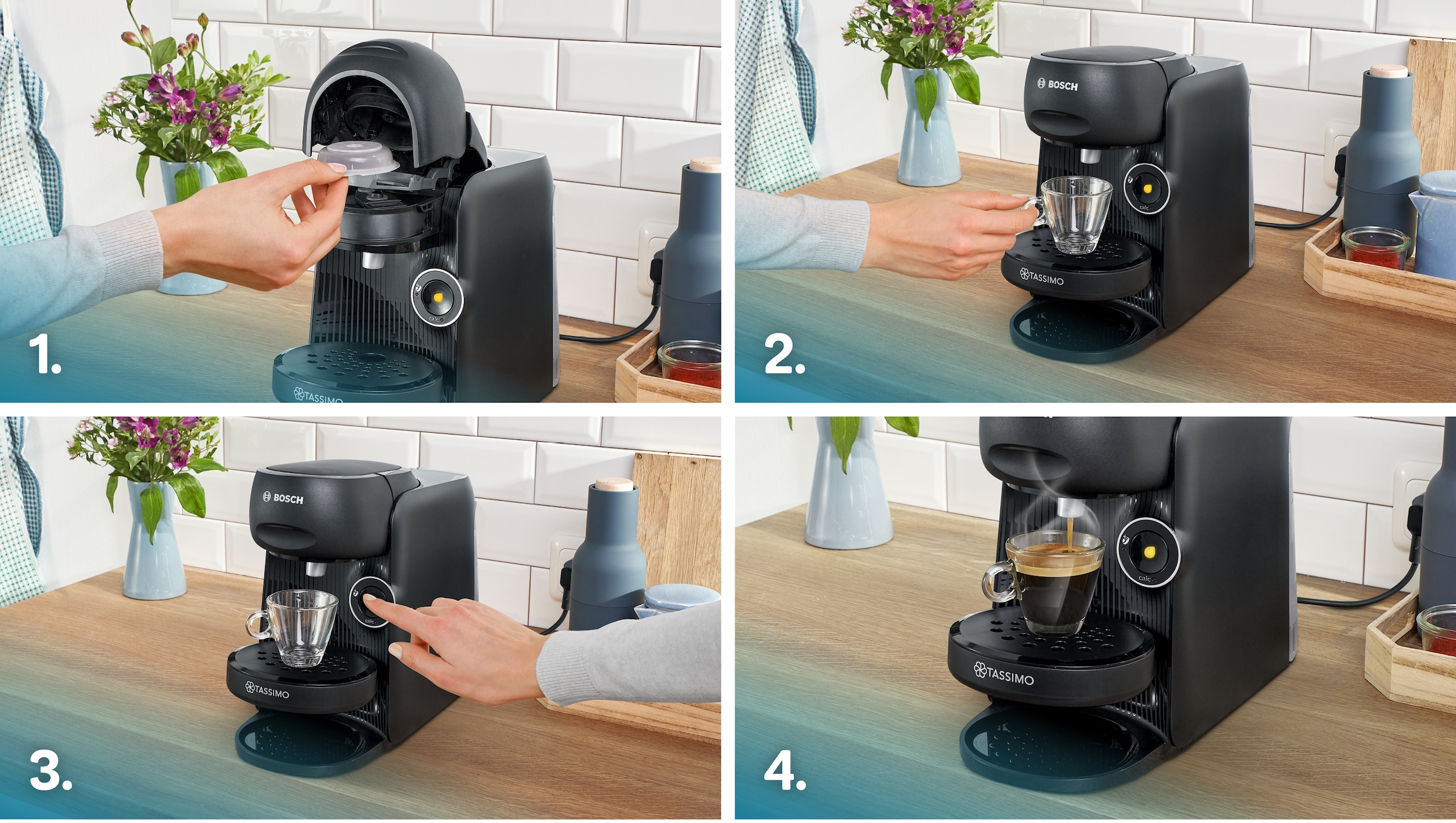 TASSIMO Kapselmaschine »finesse friendly TAS162E, intensiverer Kaffee auf Kopfdruck« aus Recyclingmaterial, mehr Intensität per Knopfdruck, schwarz