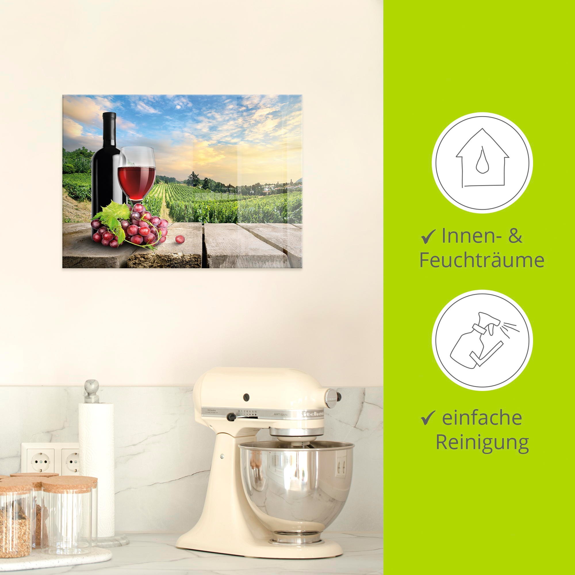 Artland Glasbild »Wein vor Weinbergen«, Berge, (1 St.), in verschiedenen Größen