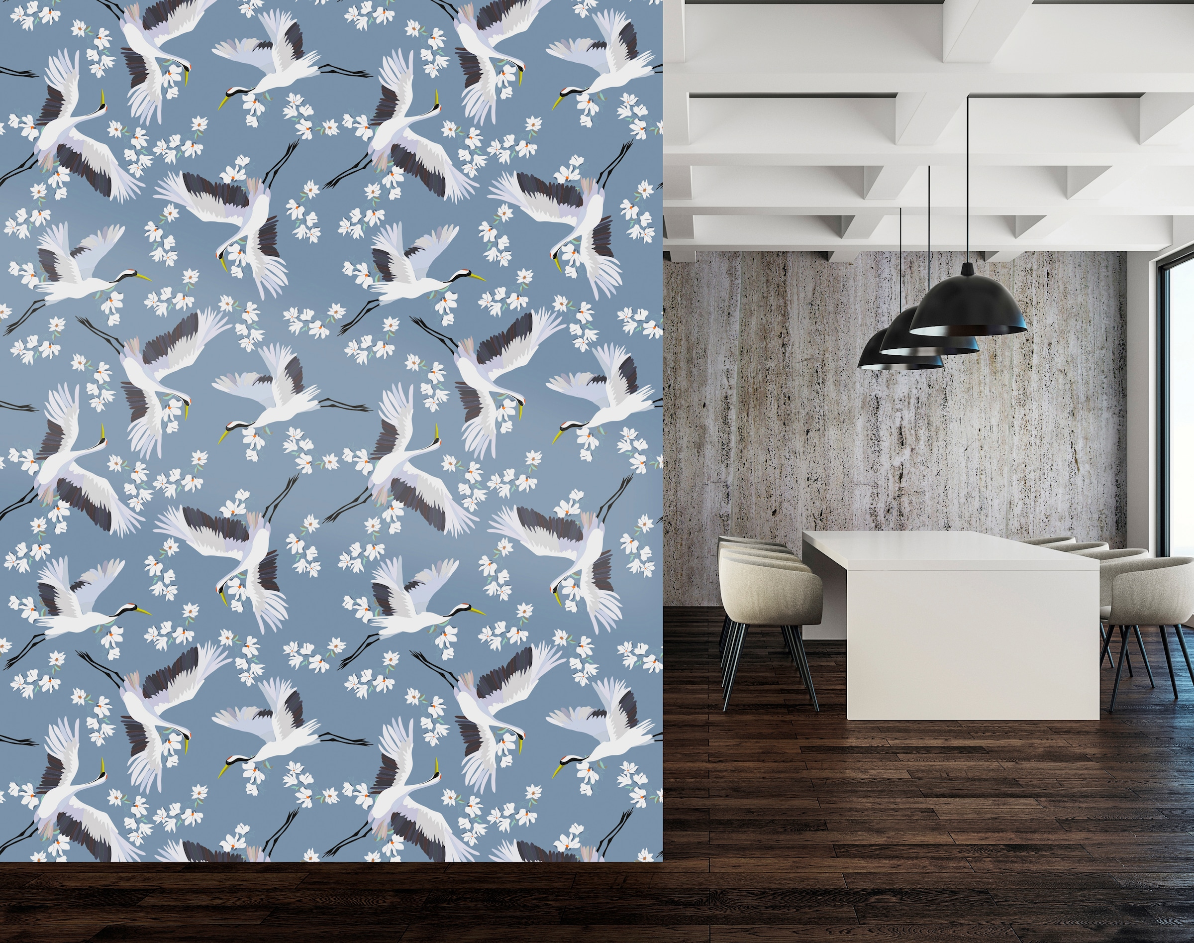 queence Vinyltapete »Kranich«, bedruckt-Motiv-botanisch-floral-gemustert-natürlich, 90x250cm, selbstklebend, kinderleichte Anbringung, Sticker