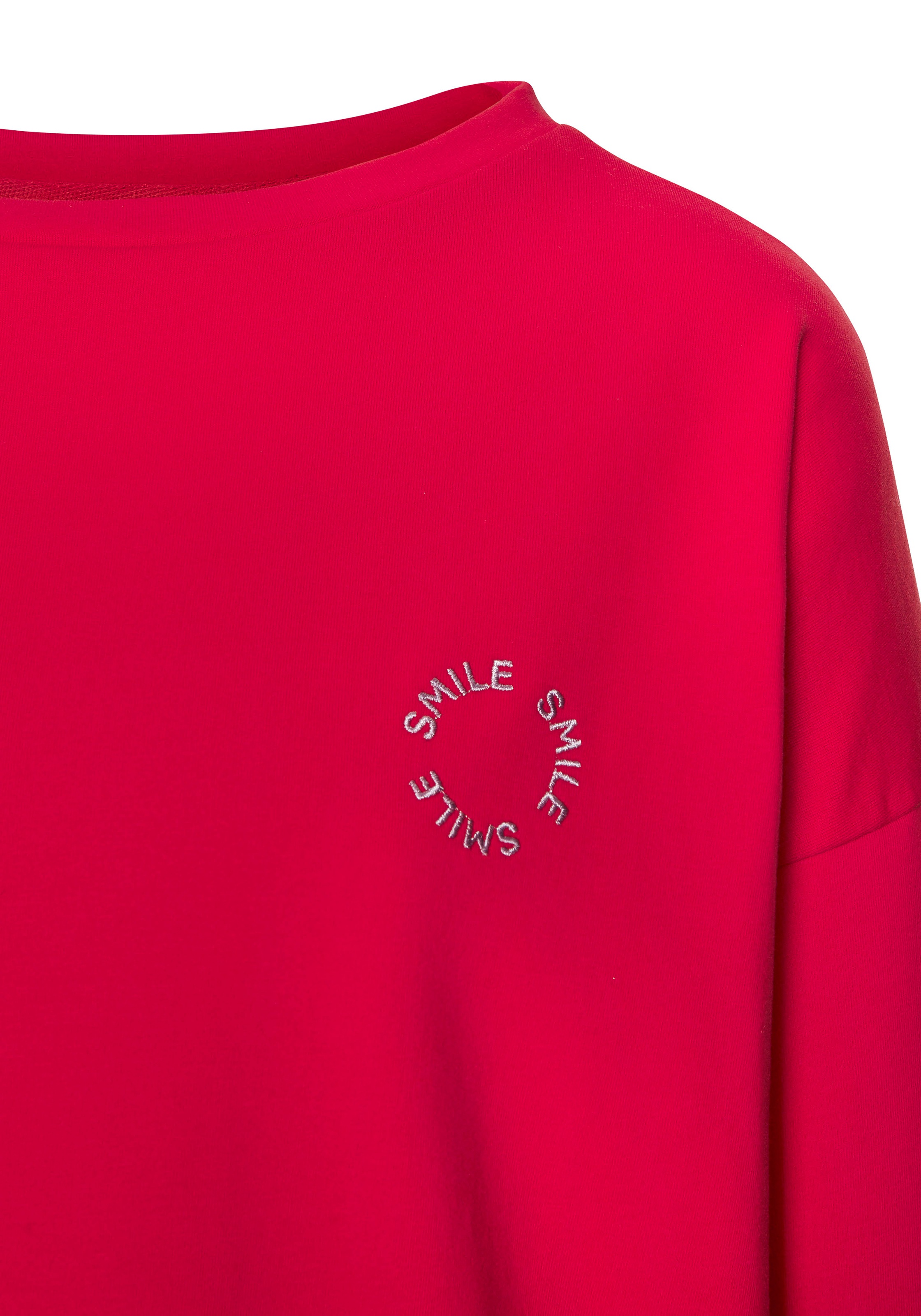 Sweatshirt LASCANA, Damen, Gr. 44/46, bunt (rot, flieder), Sweatware, Obermaterial: 95% Baumwolle, 5% Elasthan, bestickt, unifarben, figurumspielend hüftlang, Rundhals, Sweatshirts Sweatshirt, mit kleinen Stickereien 3