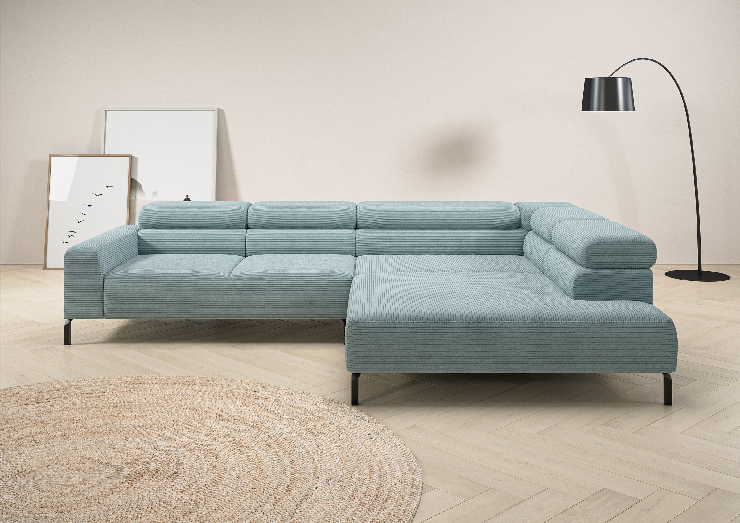 Home affaire Ecksofa "Antonelli, L-Form, incl. Kopfteilverstellung, Breite 312 cm" ohne Sitztiefenverstellung, in Cord, bleu