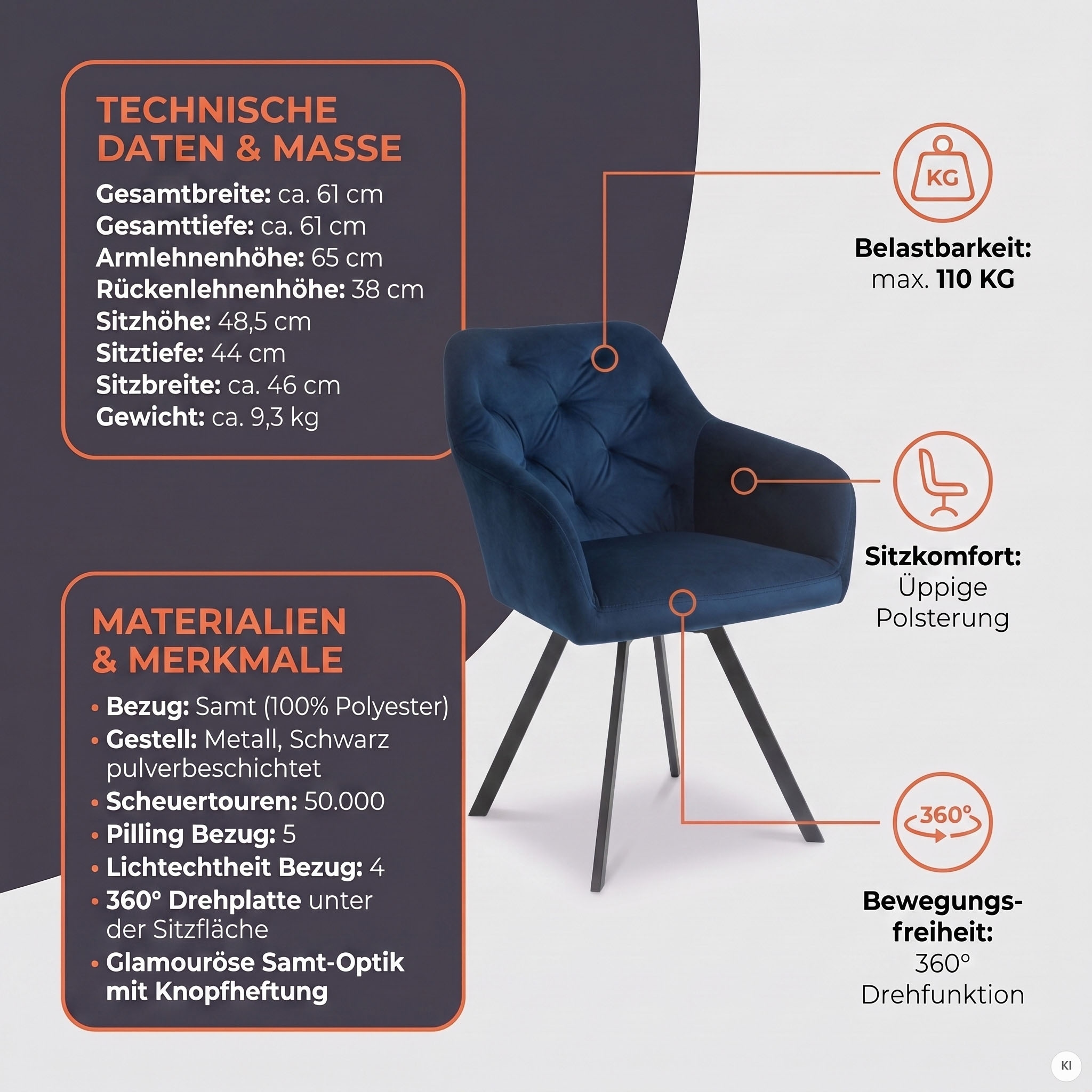 SalesFever Esszimmerstuhl »Toronto Stuhl - Stilvoller Armlehnstuhl mit Steppungen« () 1 Stk.Esszimmersessel, 360° Drehplatte unter der Sitzfläche