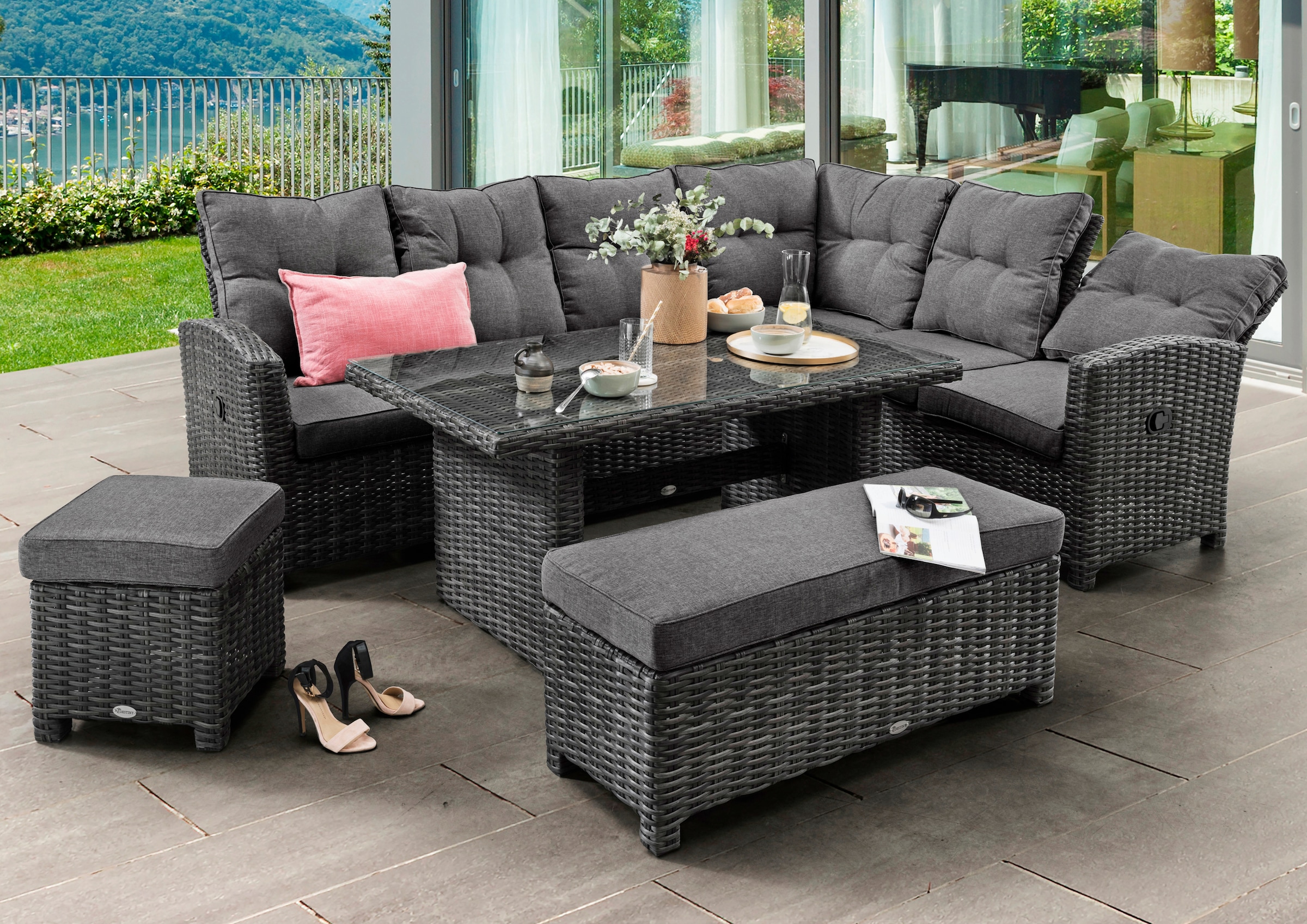 Destiny Gartenlounge-Set "SANTA PONSA DE LUXE", (20 tlg., 2x Schenkel, 1x Fußhocker, 1x Bank, 1x Tisch, inkl. Auflagen),