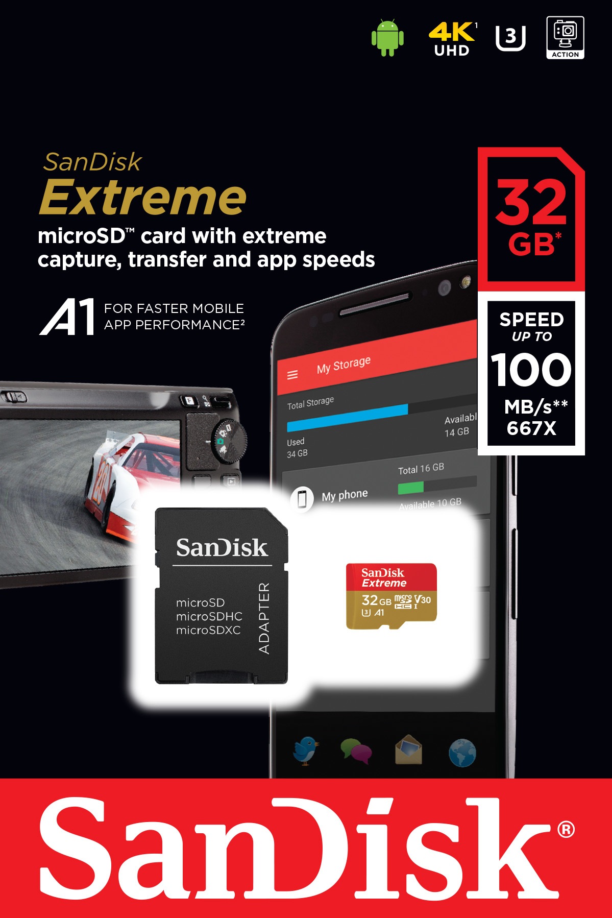 Sandisk Speicherkarte »Extreme microSDHC«, (UHS Class 3 100 MB/s Lesegeschwindigkeit), SD-Adapter, Rescue Pro Deluxe