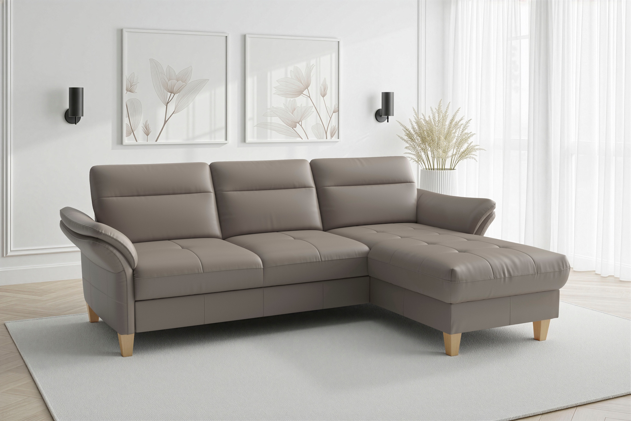 sit&more Ecksofa "Pamela L-Form, Leder, B: 218 und 230 cm mit Recamiere links od. rechts" optional Armteilverstellung, Schlaffunktion & Bettkasten