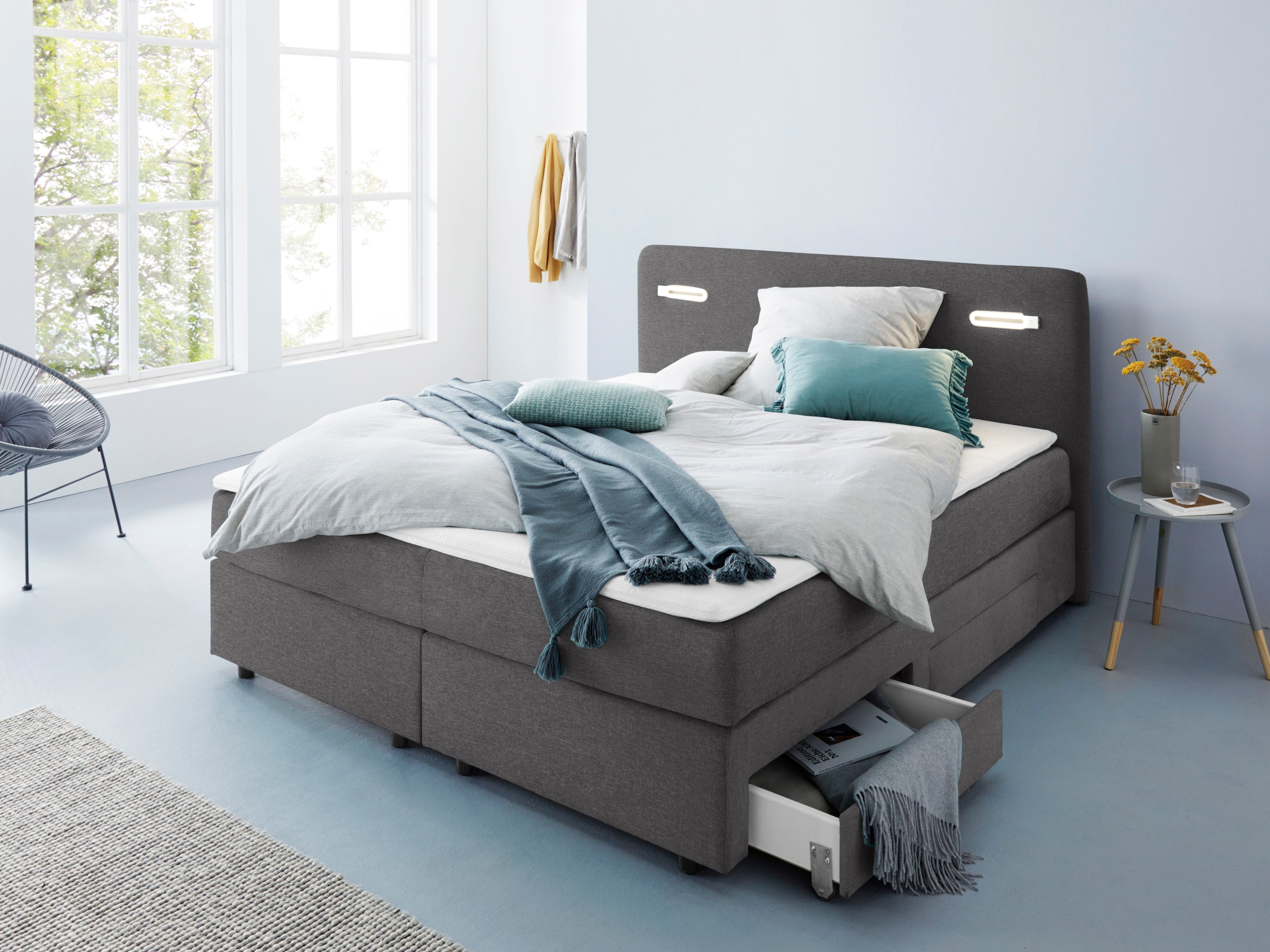 INOSIGN Boxbett "Luan", Schubkästen, LED-Beleuchtung und Topper, in Breite 120 cm und 180 cm