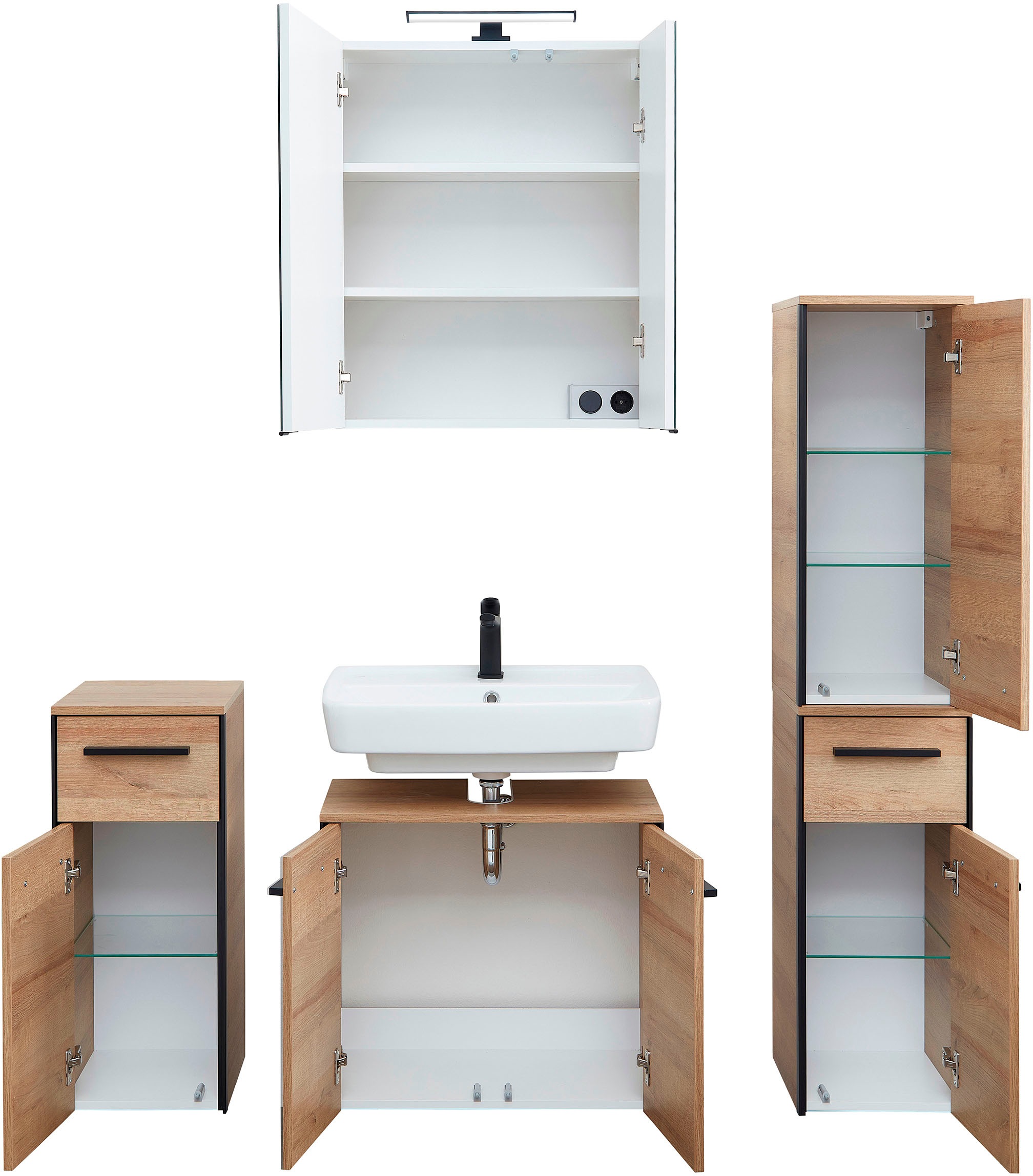 Saphir Badmöbel-Set »Quickset 395 4-teilig, Waschbeckenunterschrank mit LED-Spiegelschrank«, (5 St.), Unterschrank, Midischrank, inkl. Türdämpfer, 7 Türen, 2 Schubladen