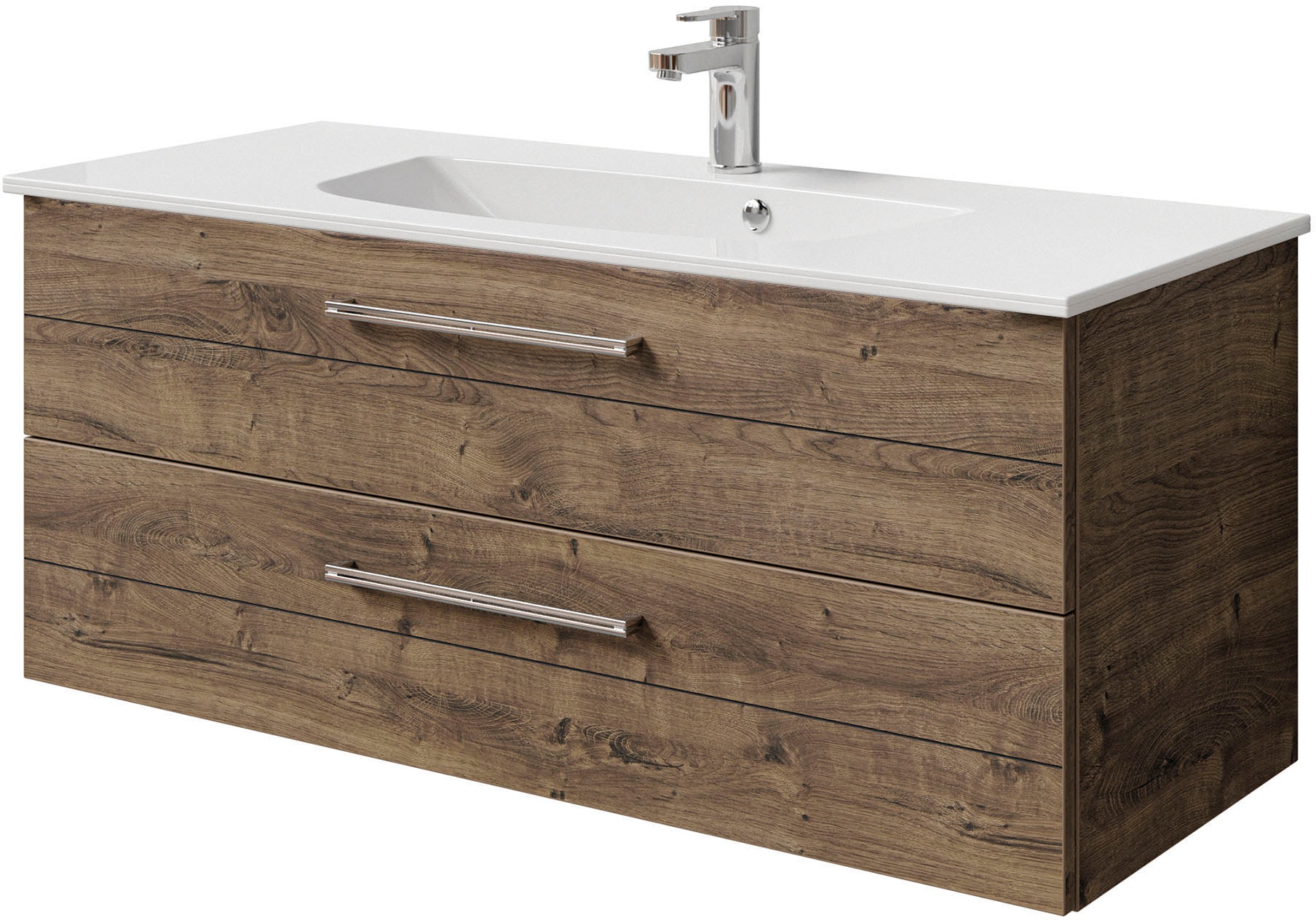 Saphir Badmöbel-Set »Serie 6025 2-teilig Mineralmarmor-Waschtisch mit LED-Spiegelschrank«, (2 St.), Waschplatz 117cm breit, 2 Schubladen, 3 Spiegel-Türen, inkl Türdämpfer