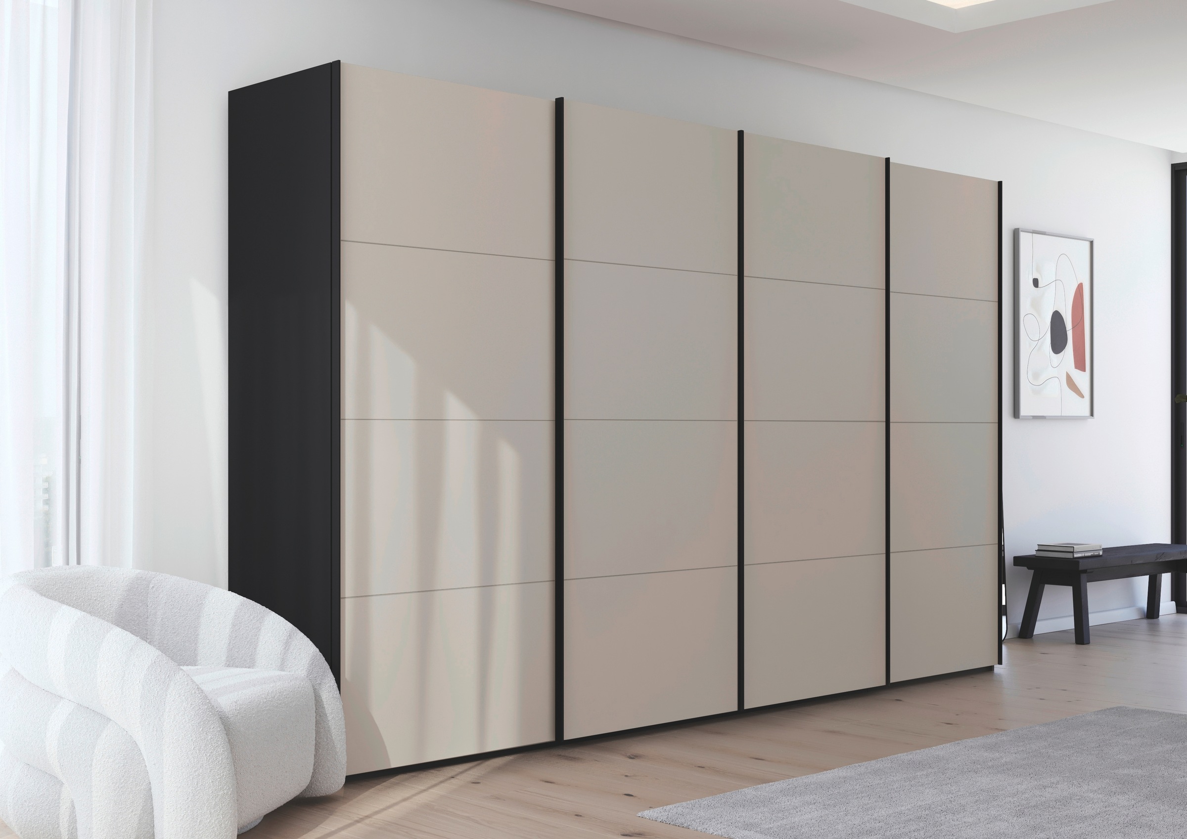 rauch Schwebetürenschrank »Kleiderschrank Schrank Garderobe Schlafzimmerschrank SCALE-FYRA«, edle viergeteilte Türen mit Glas-Front viele Farben MADE IN GERMANY