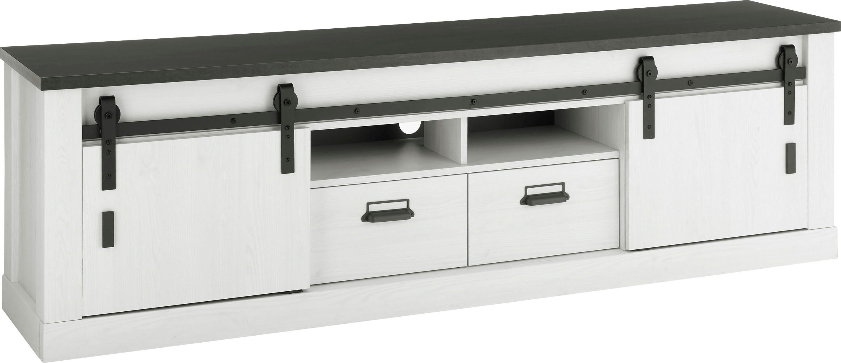 Home affaire Lowboard "Sherwood, TV-Unterteil im Industrial-Style, Kommode, TV-Schrank" Scheunentorbeschlag & Apothekergriff, in 2 Farben & Größen erhältlich