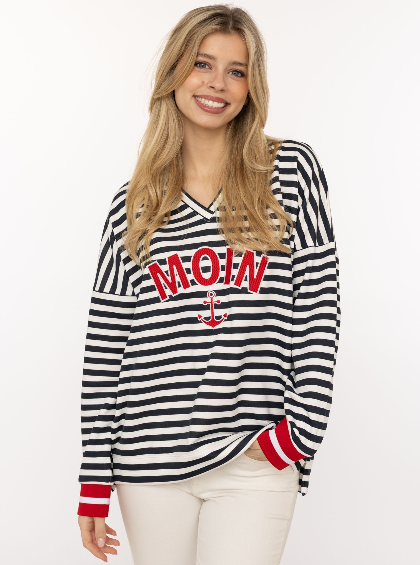 Zwillingsherz Hoodie ""Streifen Moin"", V-Neck, gestreift, Stickerei mit An günstig online kaufen