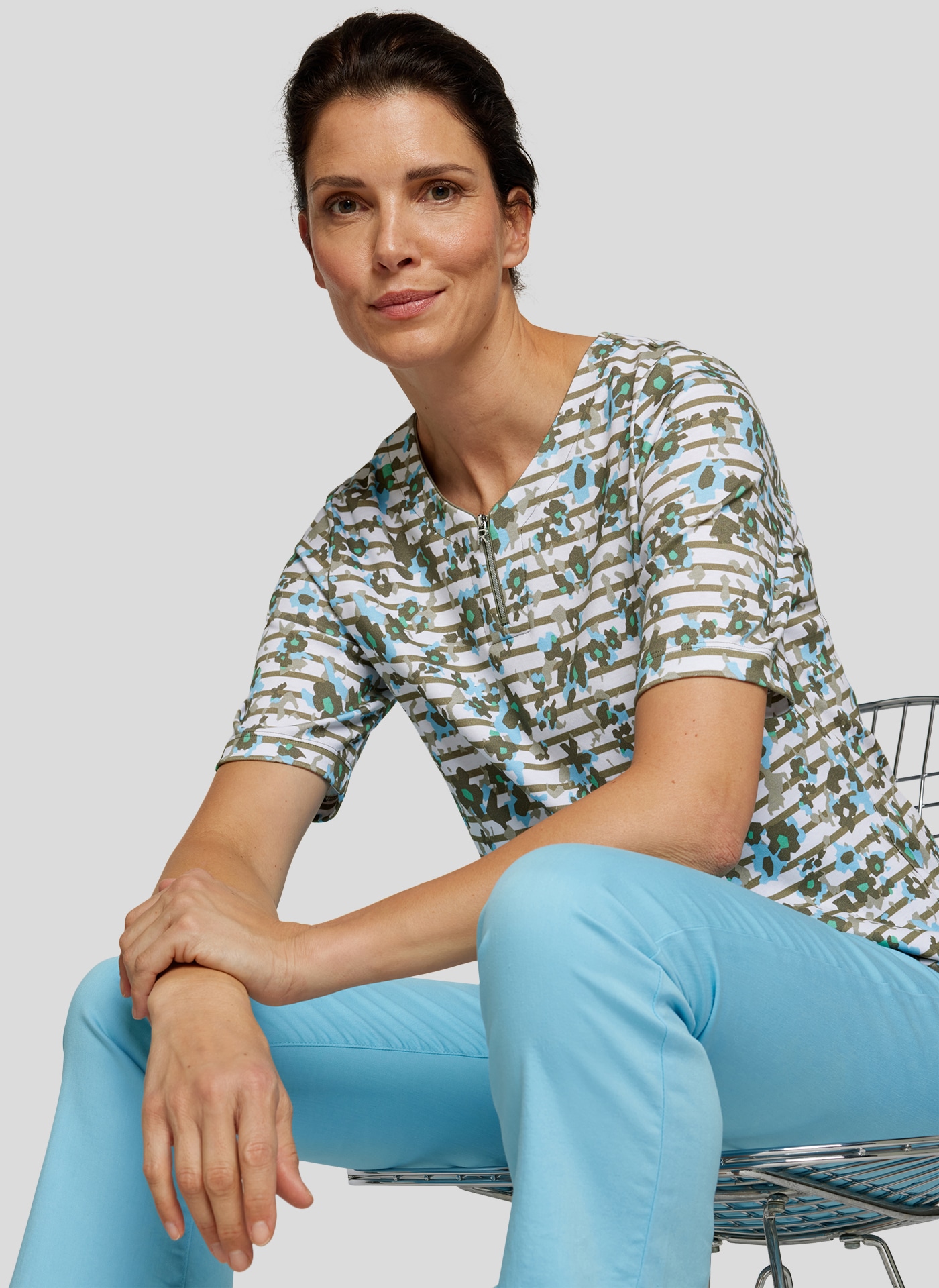 Rabe Rundhalsshirt, mit Reißverschluss und floralem Muster