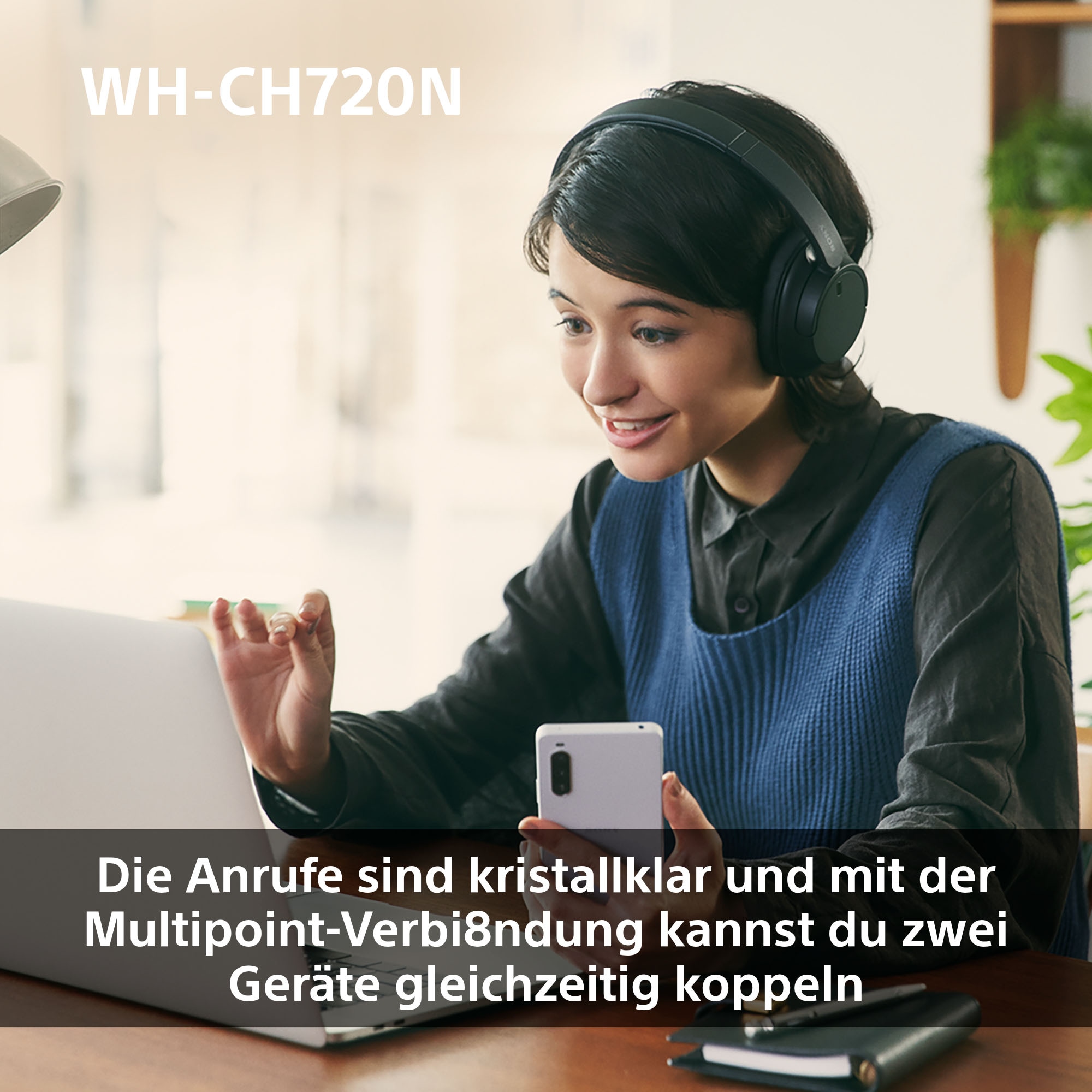 Sony Over-Ear-Kopfhörer »WH-CH720N«, Bluetooth, Noise-Cancelling-Freisprechfunktion-integrierte Steuerung für Anrufe und Musik-LED Ladestandsanzeige-Multi-Point-Verbindung-Sprachsteuerung
