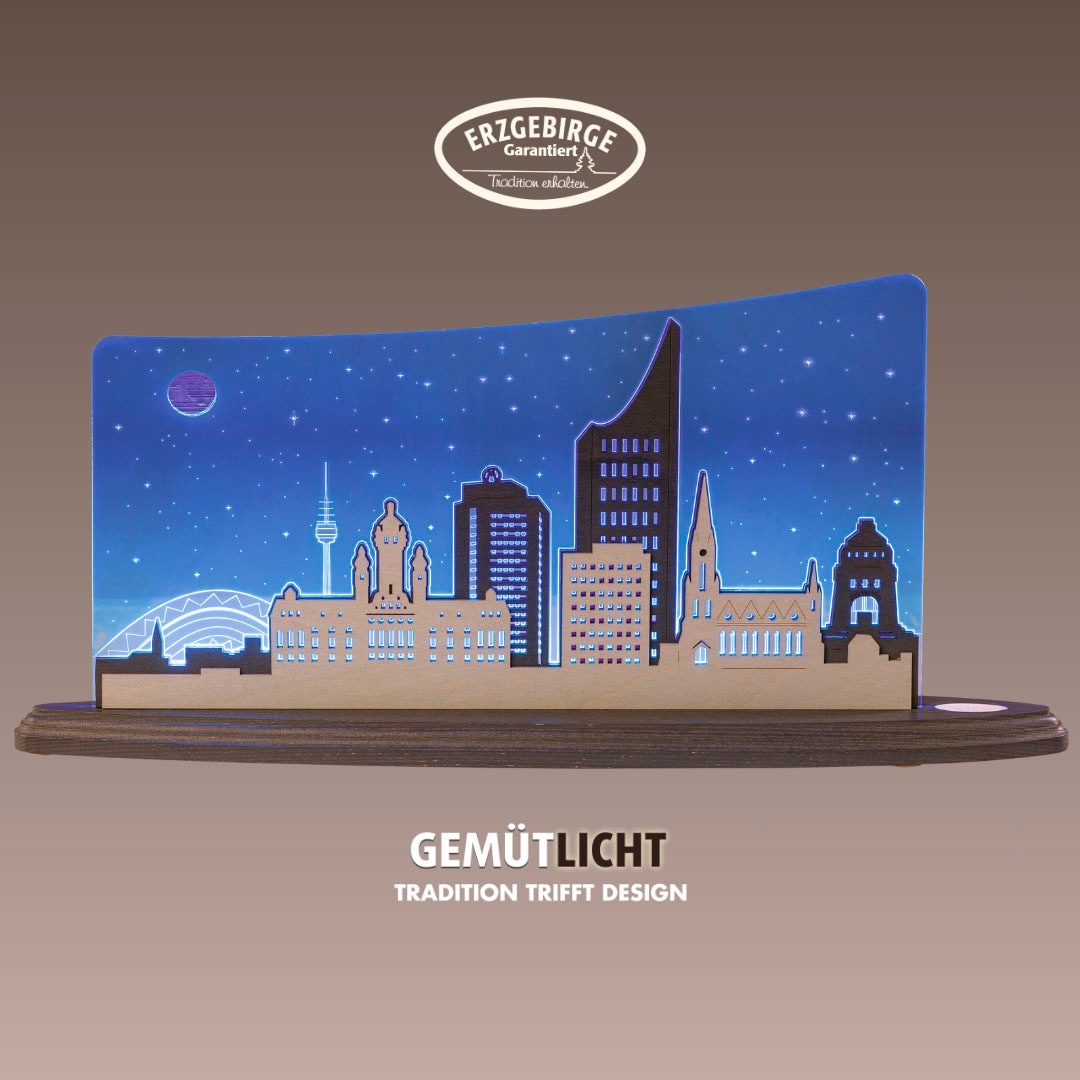 WEIGLA LED Dekolicht "Leipzig Panorama, Holz & Acrylglas, BLAU-GRAU-WEIẞ, Made in Germany", H: 23cm, 1 Stk., blau, Leuchten, Erzgebirge garantiert,