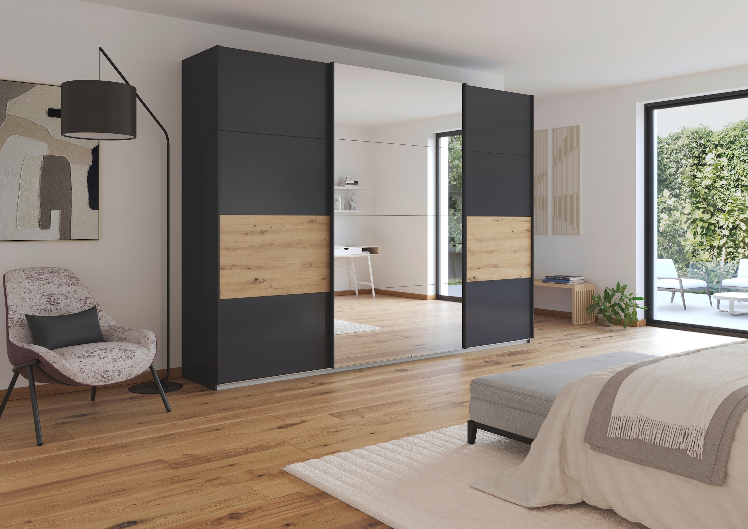 rauch Schwebetürenschrank »Schwebetürenschrank Kleiderschrank Schrank Garderobe CORTONA«, inkl. Inneneinteilung, 2 Stoffboxen und zusätzlichen Einlegeböden