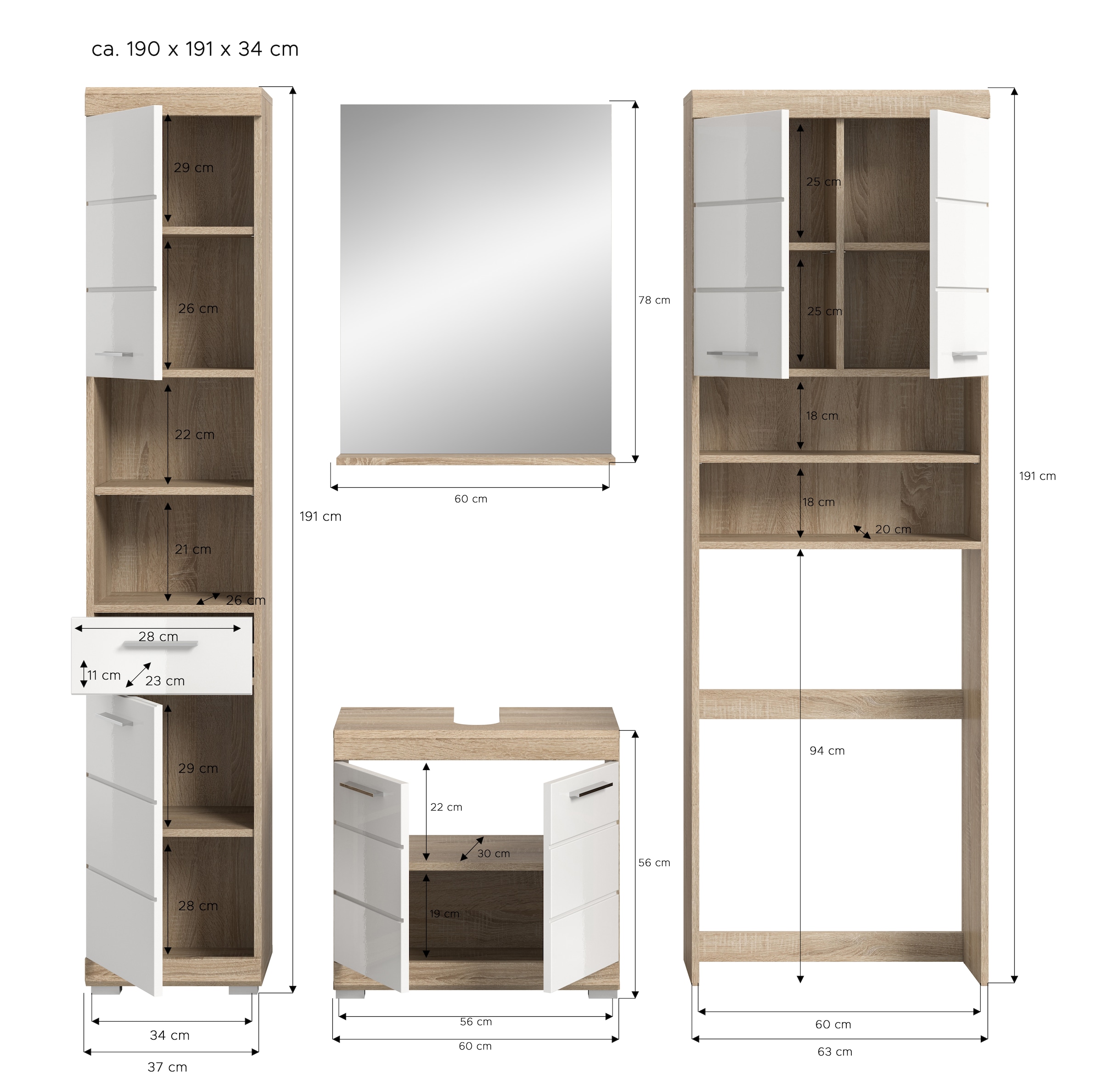 INOSIGN Badmöbel-Set »Siena, 4 teilig, bestehend aus:«, (Set), Hochschrank, WBU, Badspiegel, Waschmaschinenumbauschrank