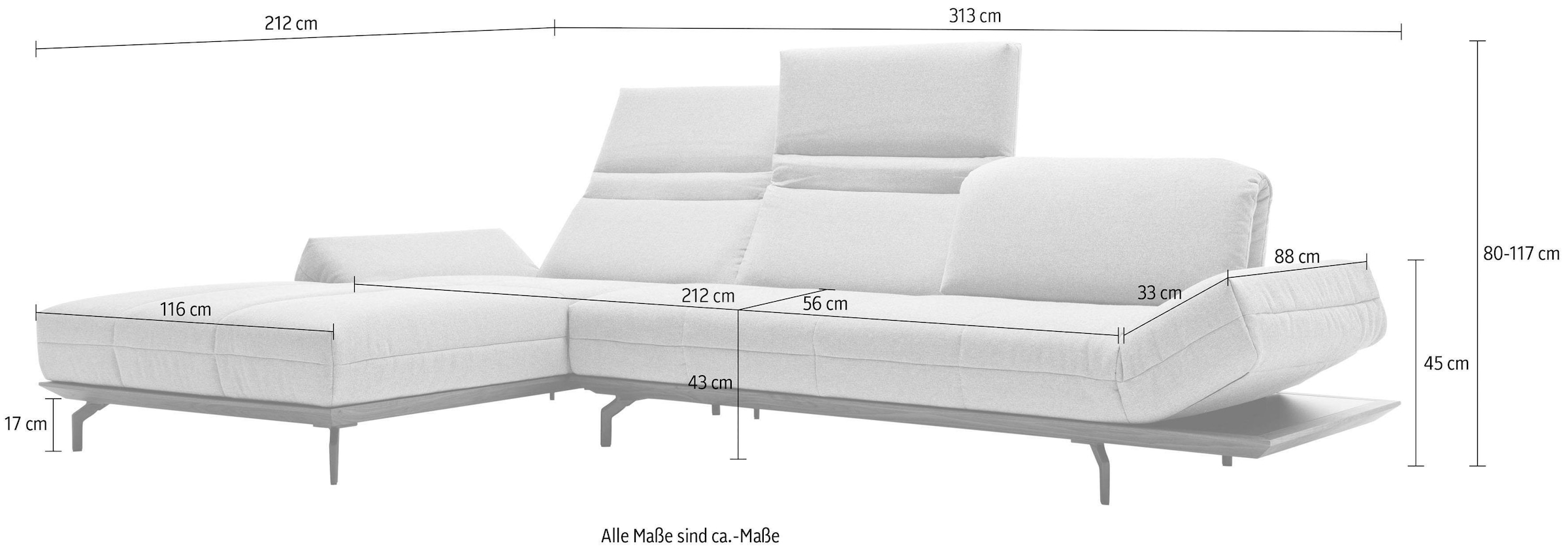 hülsta sofa Ecksofa »hs.420«, in 2 Qualitäten, Holzrahmen in Eiche Natur oder Nußbaum, Breite 313 cm