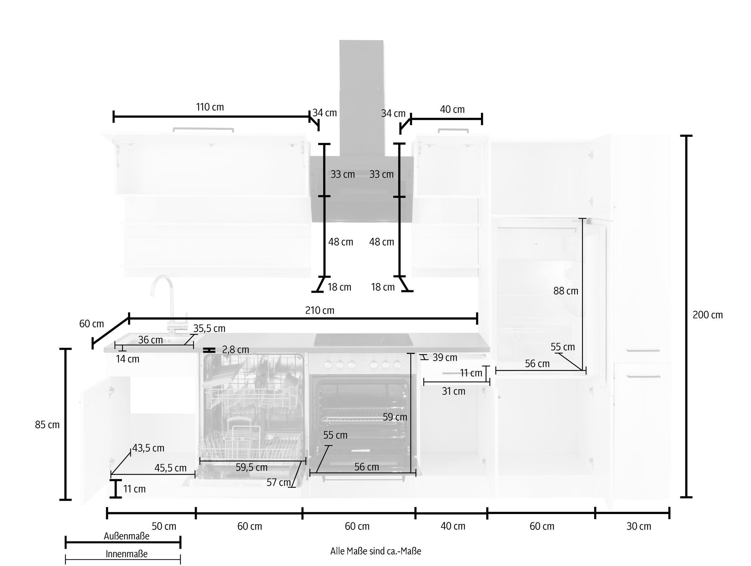 KOCHSTATION Küchenzeile »KS-Tulsa«, mit E-Geräten, Breite 300 cm, schwarze Metallgriffe, MDF Fronten