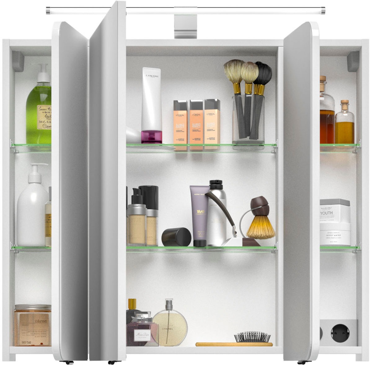 Saphir Spiegelschrank »Serie 4005 Badezimmer-Spiegelschrank inkl. LED-Aufsatzleuchte«, Badschrank 90 cm breit, 3 Türen, 6 Glas-Einlegeböden, inkl. Türdämpfer