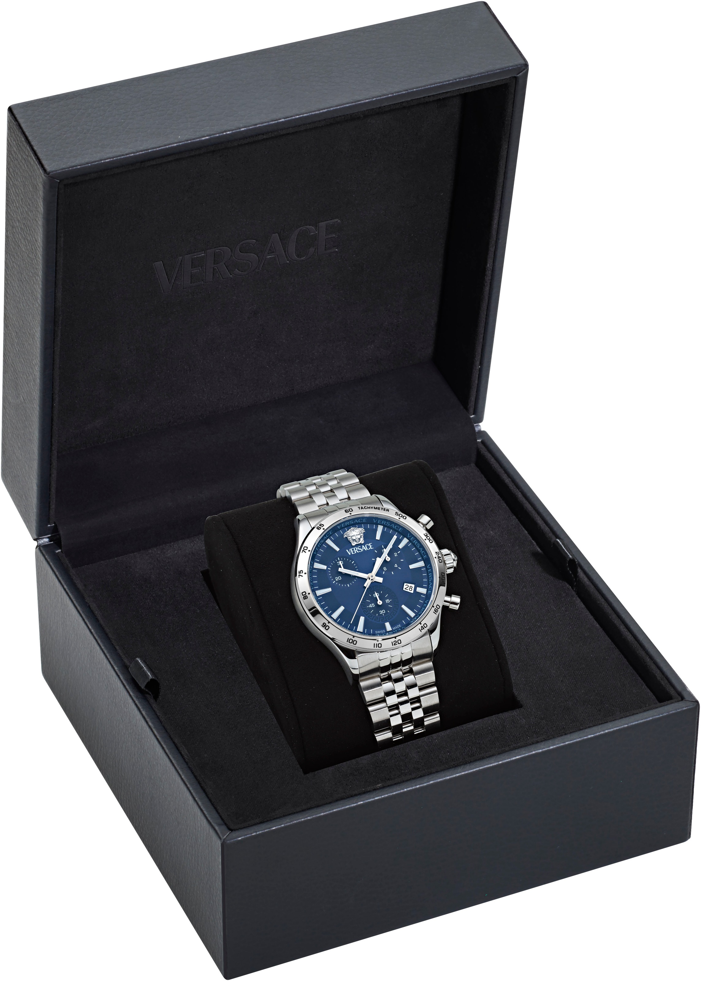 Versace Chronograph »HELLENYIUM CHRONO PETITE«, Quarzuhr, Armbanduhr, Herrenuhr,Swiss Made,Edelstahlband,Stoppfunktion