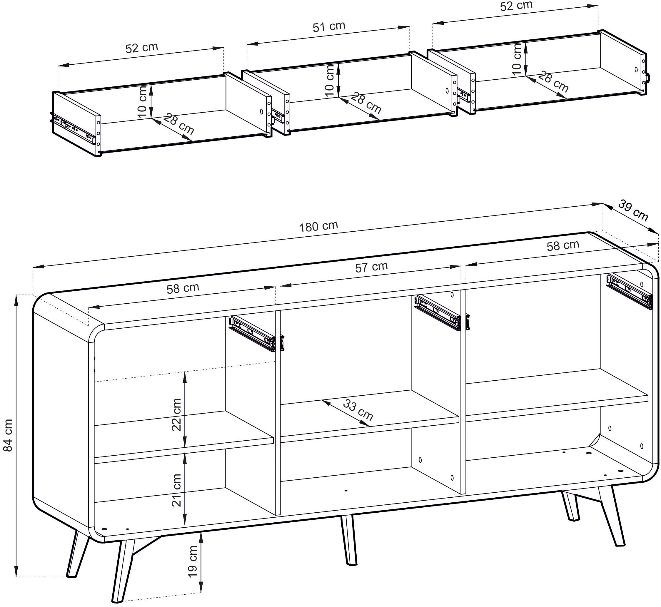 Home affaire Sideboard »Torsby, moderner Schrank, Kommode in Eiche Natur, 180 cm breit« abgerundete Ecken, ausreichend Stauraum, vielseitig einsetzbar