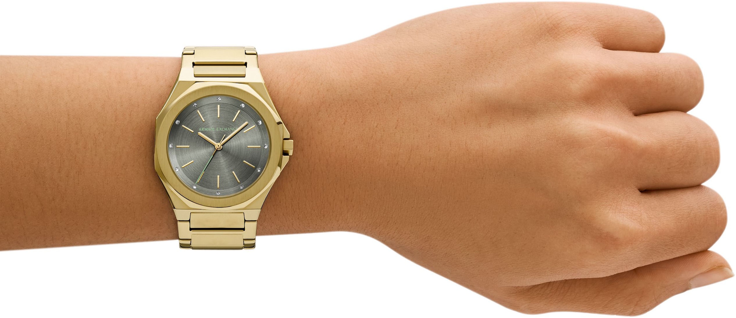 ARMANI EXCHANGE Quarzuhr, Armbanduhr, Damenuhr, Edelstahlarmband, analog, Glassteine