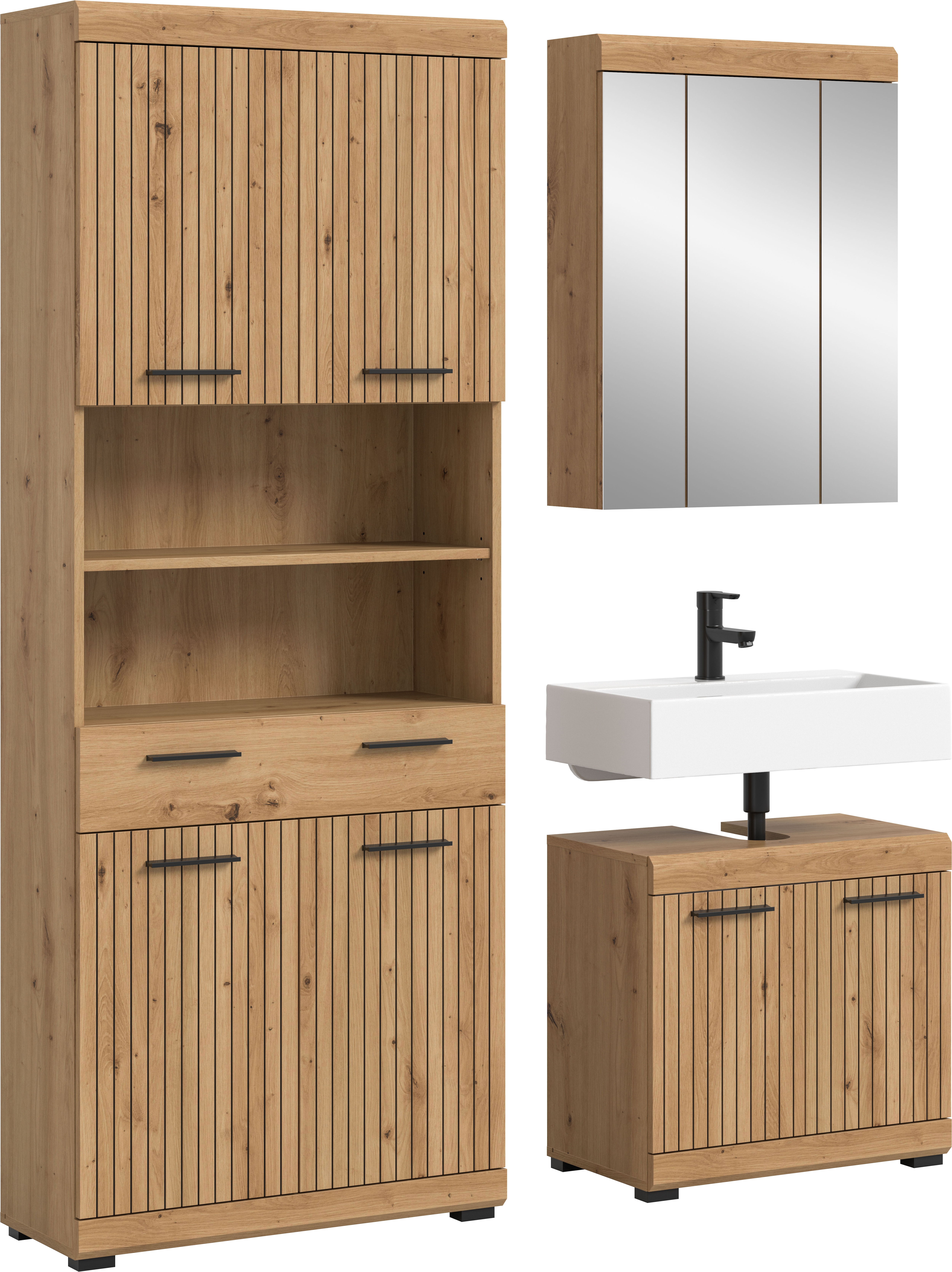 welltime Badmöbel-Set "SIENA, TOPSELLER, Breite 149cm, 3-teiliges Set" Set, bestehend aus: Hochschrank, Waschbeckenunterschrank & Spiegelschrank, 3 Stk. tlg.