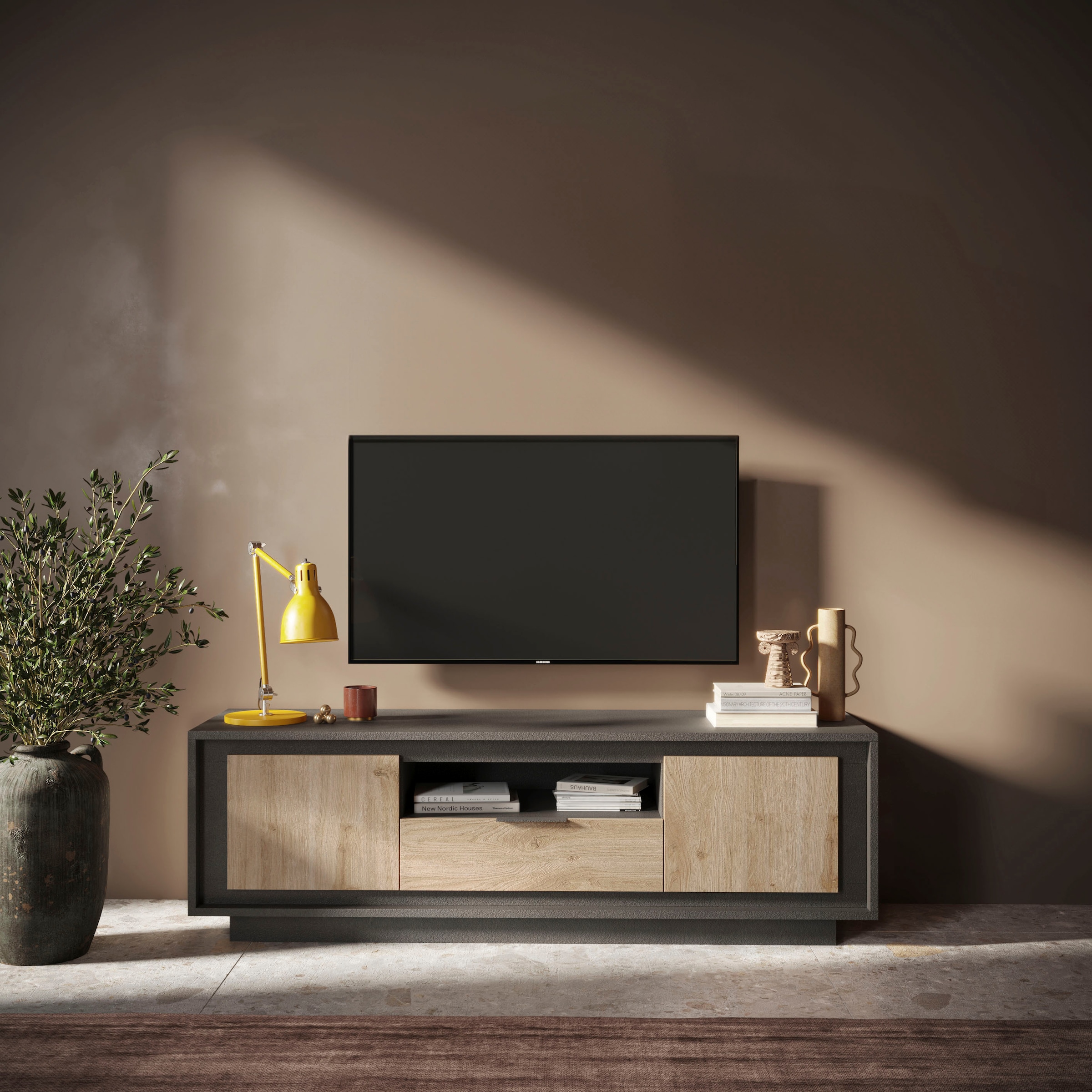 Home affaire Lowboard »Sky, B/T 180/50 cm, TV-Schrank/Medienboard, 2 Türen, 1 Schubkasten« Softclosing, Korpus & Front 22 mm stark, Rahmen-Optik, Metallgriff
