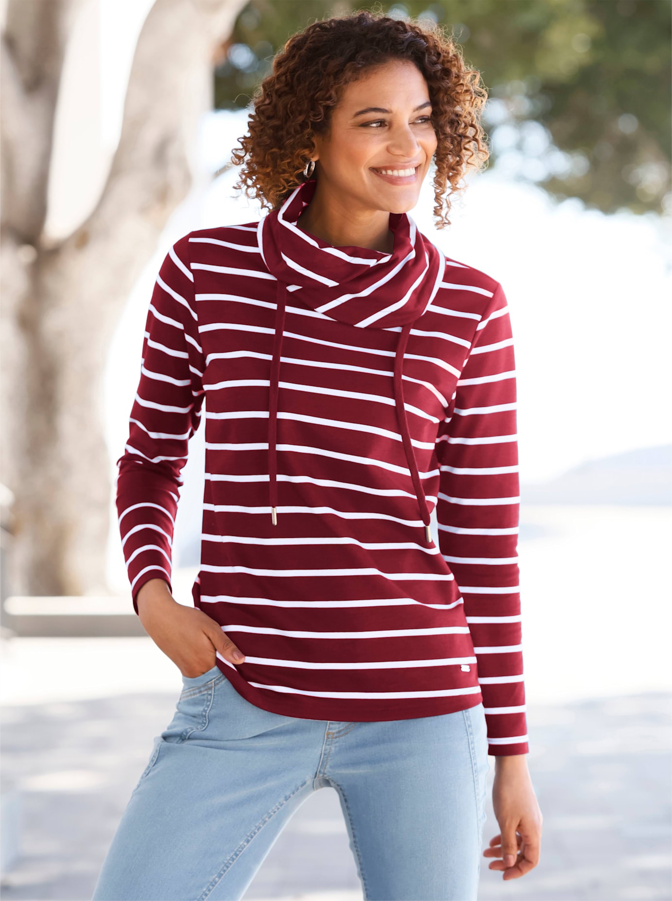 Sweatshirt CASUAL LOOKS, Damen, Gr. 44, weiß (dunkelrot, weiß, geringelt), 100% Baumwolle, gemustert, gestreift, mehrfarbig, Sweatshirts Sweatshirt