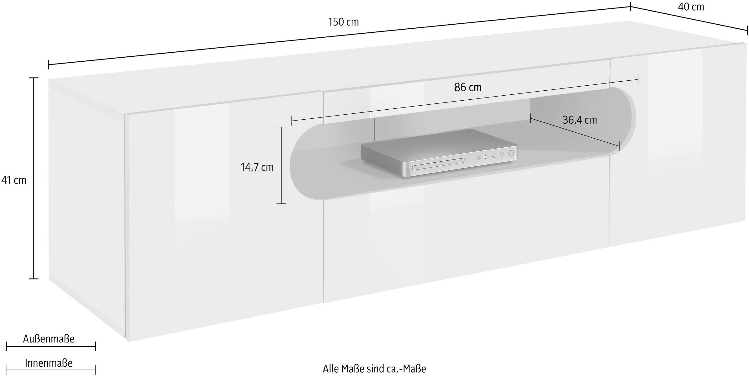 INOSIGN Lowboard »Real,Lowboard,TV-Kommode,TV-Möbel,B.150 cm komplett hochglanz lackiert«, mit 2 abgerundeten Türen,1 Klappe,die ein ovales offenes Fach bilden