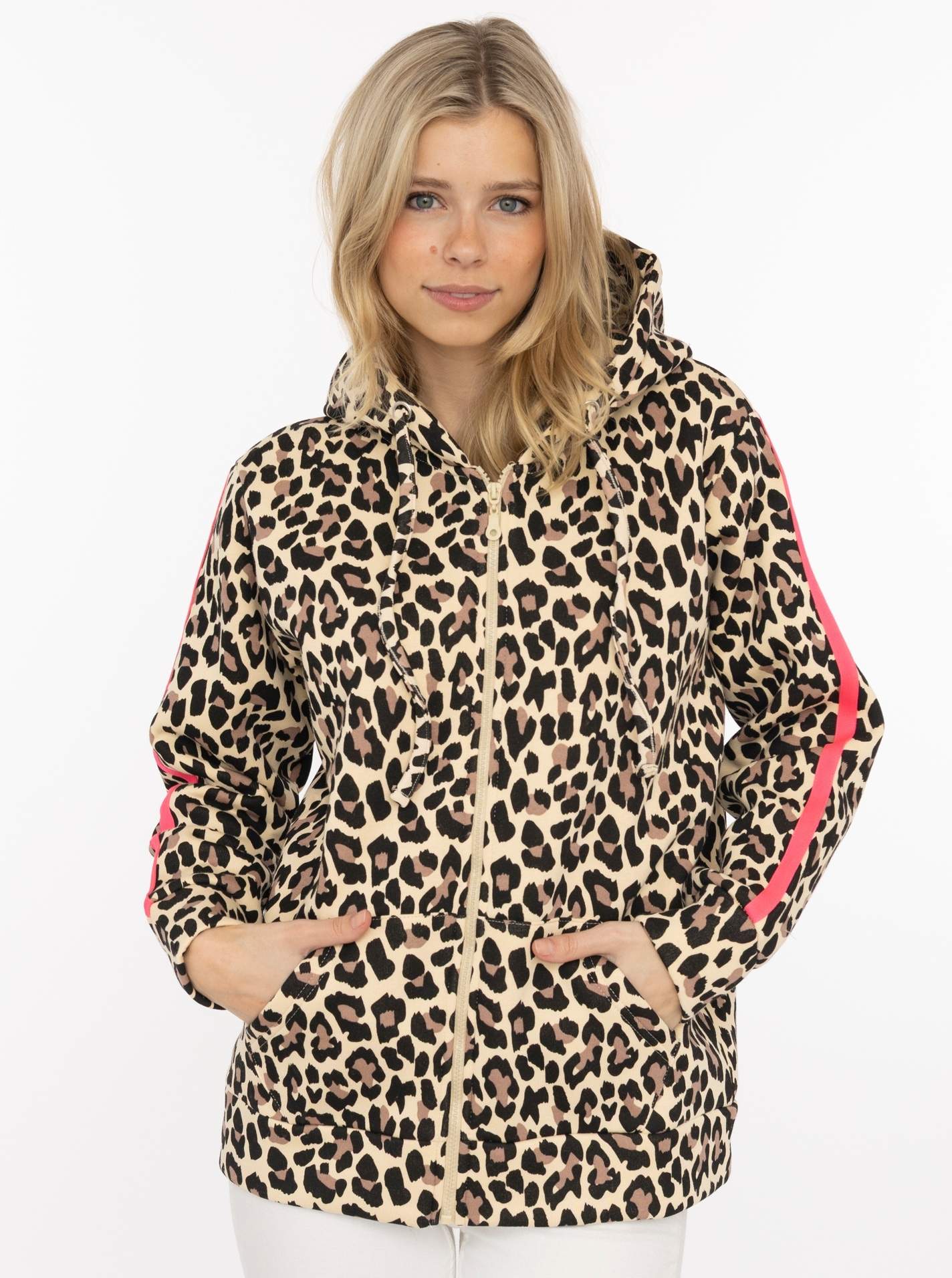 Zwillingsherz Kapuzensweatjacke ""Leo"" Leomuster, pinker Streifen am Arm, Kapuze mit Kordel, Tasche, Zipper