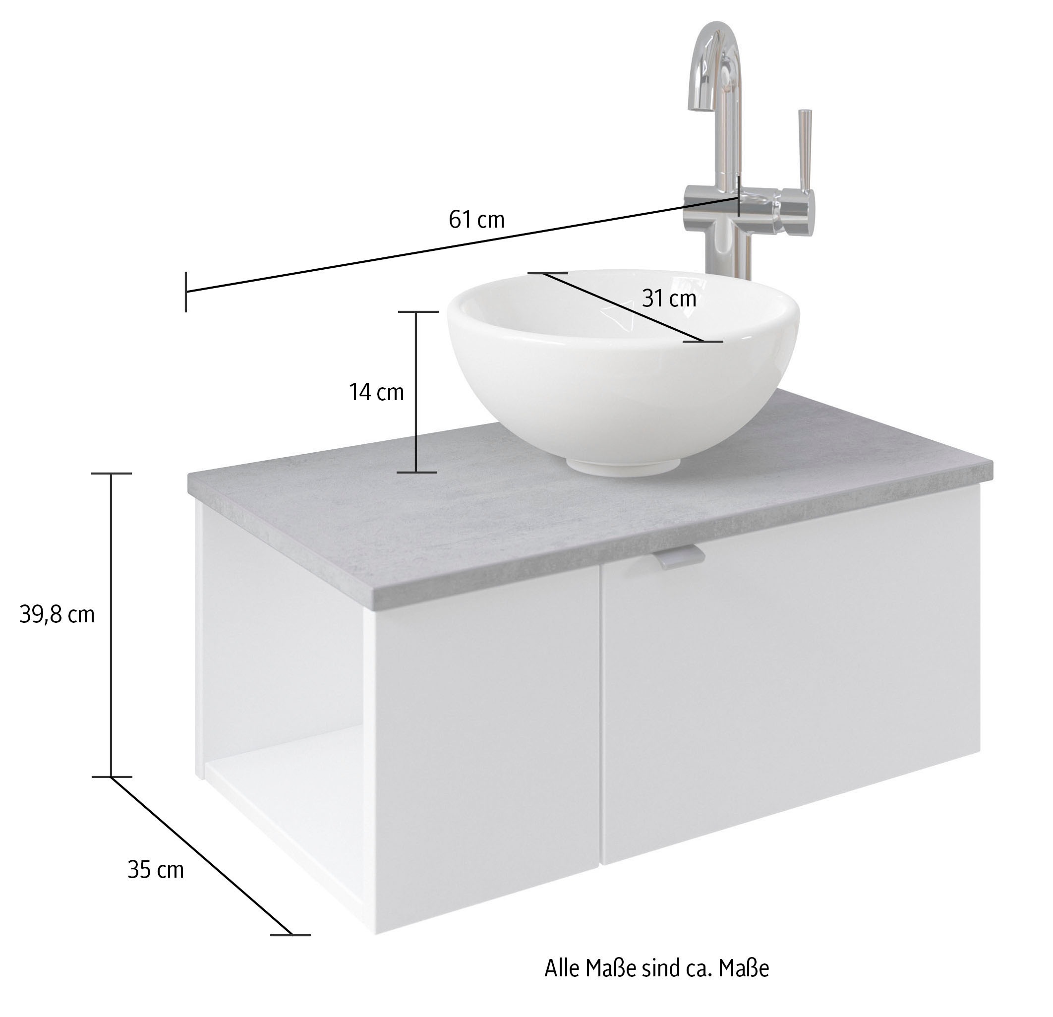 Saphir Waschtisch »Serie 6915 Waschschale mit Unterschrank für Gästebad, Gäste WC«, 61 cm mit Keramik-Aufsatzbecken, 2 Türen und 1 Fach
