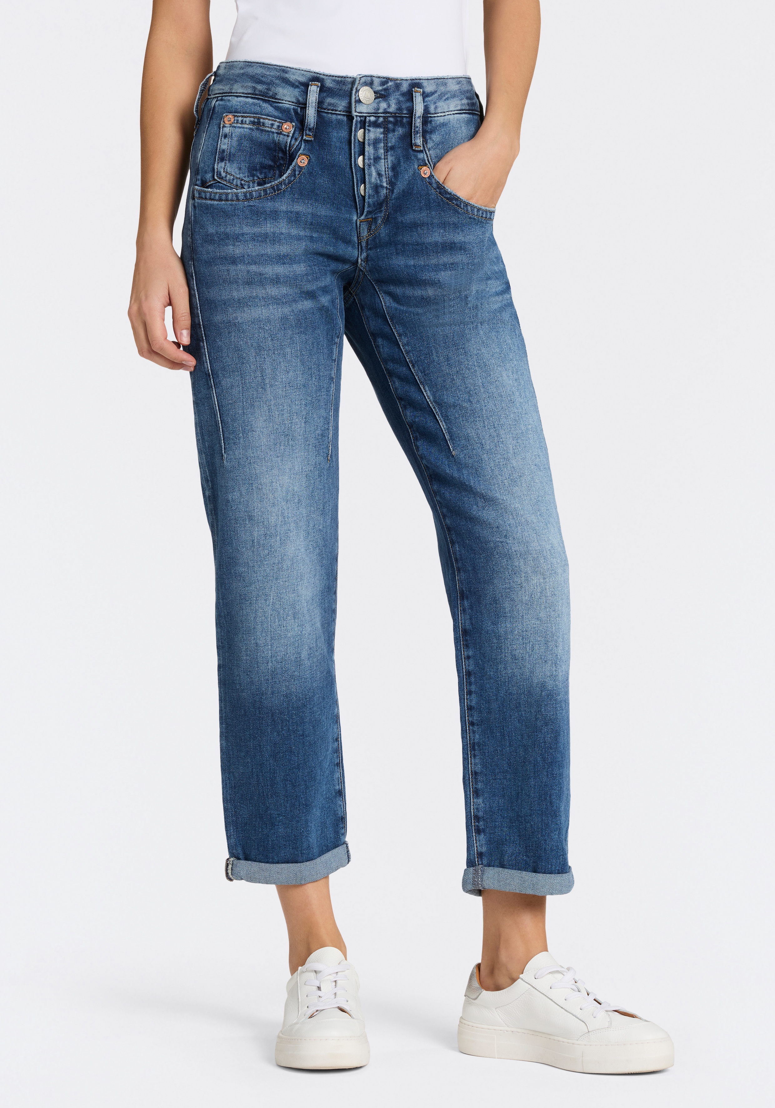 Herrlicher Boyfriend-Jeans "Shyra Tap Denim Stretch" mit halb verdeckter Knopfleiste, High Waist