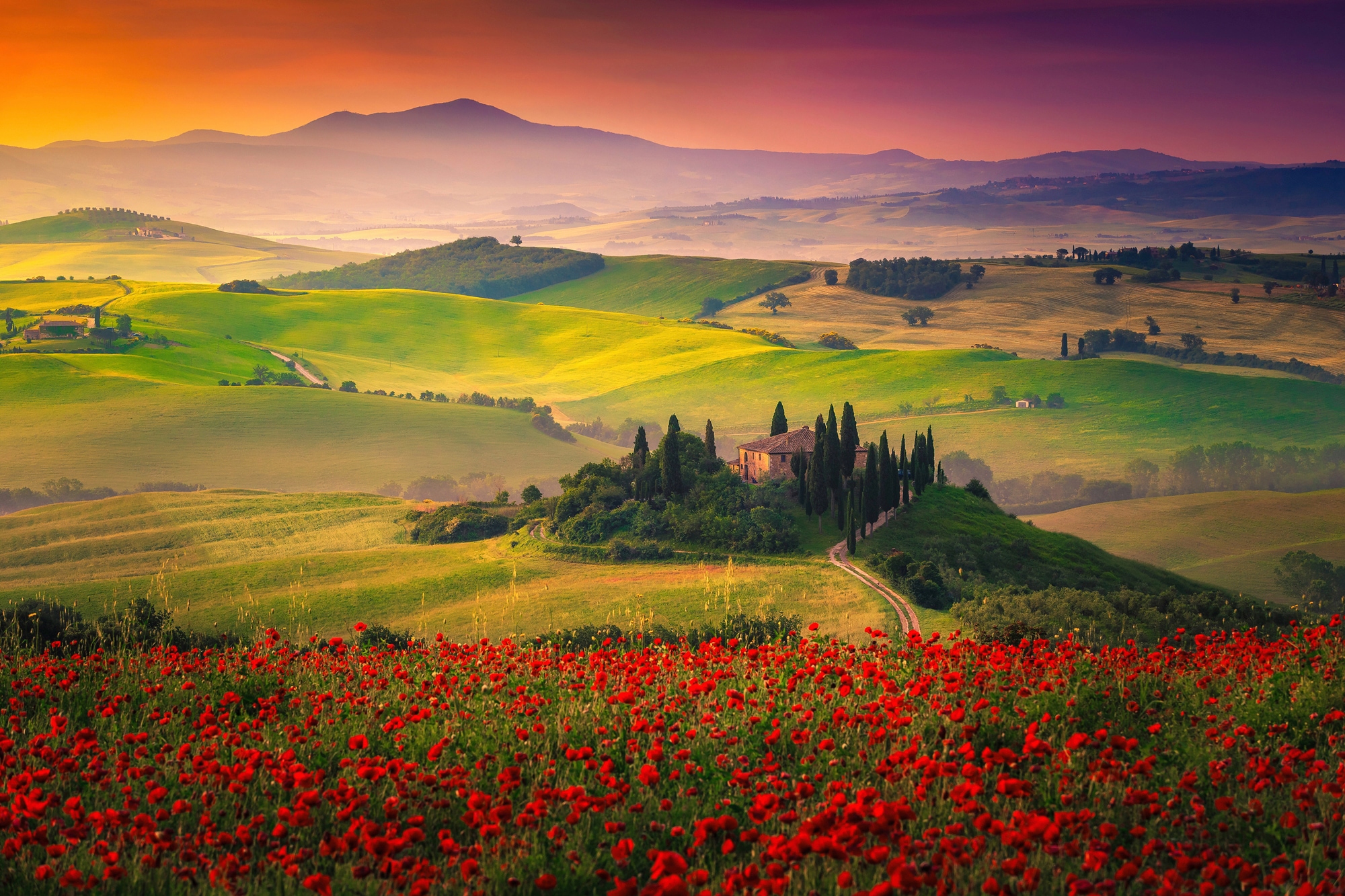 Papermoon "PANORAMA-LANDSCHAFT DORF WIESE NEBEL GEBIRGE SONNE WALD"