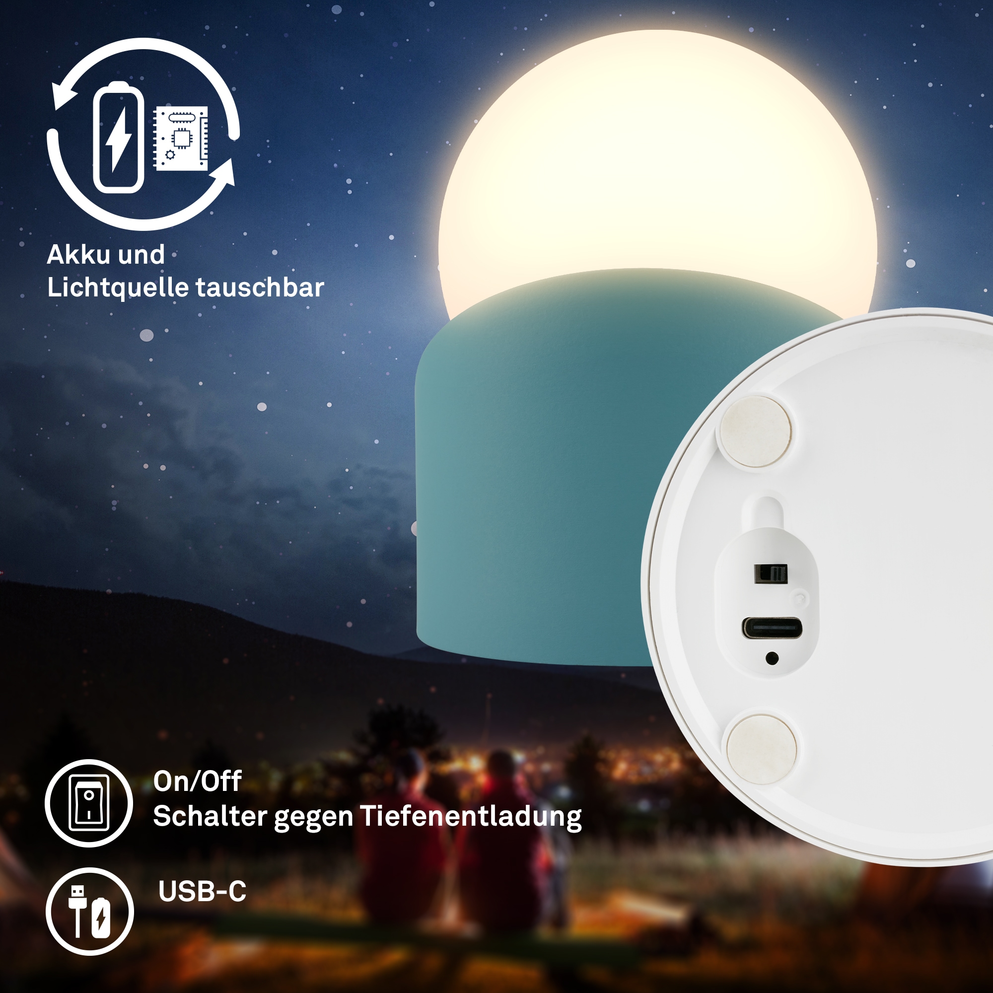 Briloner Leuchten LED Außen-Tischleuchte »SORA« LED-Board 2 Stk. Warmweiß kabellos 10x8x9cm Taubenblau 2W Kinderzimmer Outdoor Außen 2er-Set