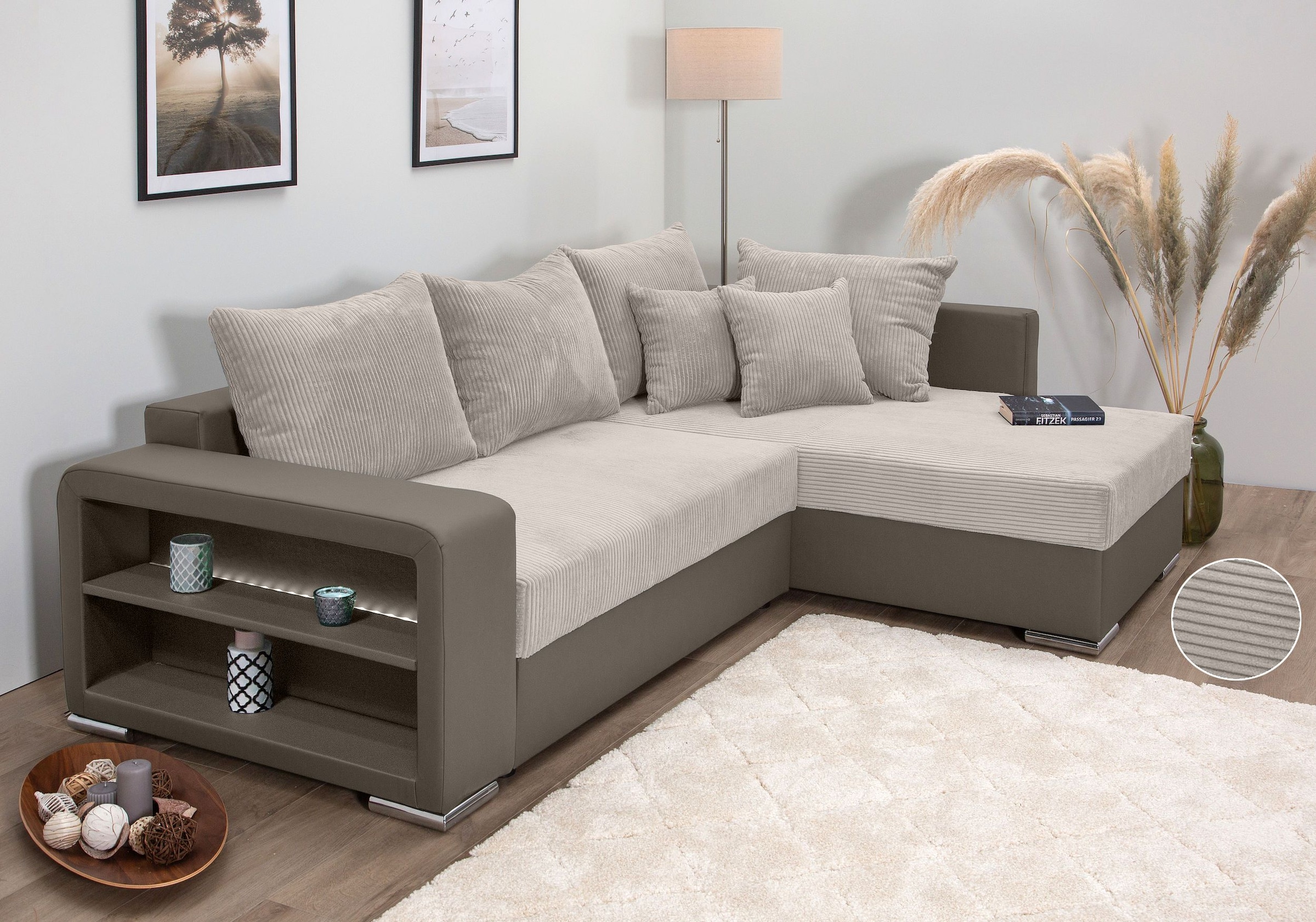COLLECTION AB "John L-Form, B: 226 cm, Schlaffunktion & Bettkasten" Regalelement mit Licht, Couch mit Federkern, 2 Zierkissen