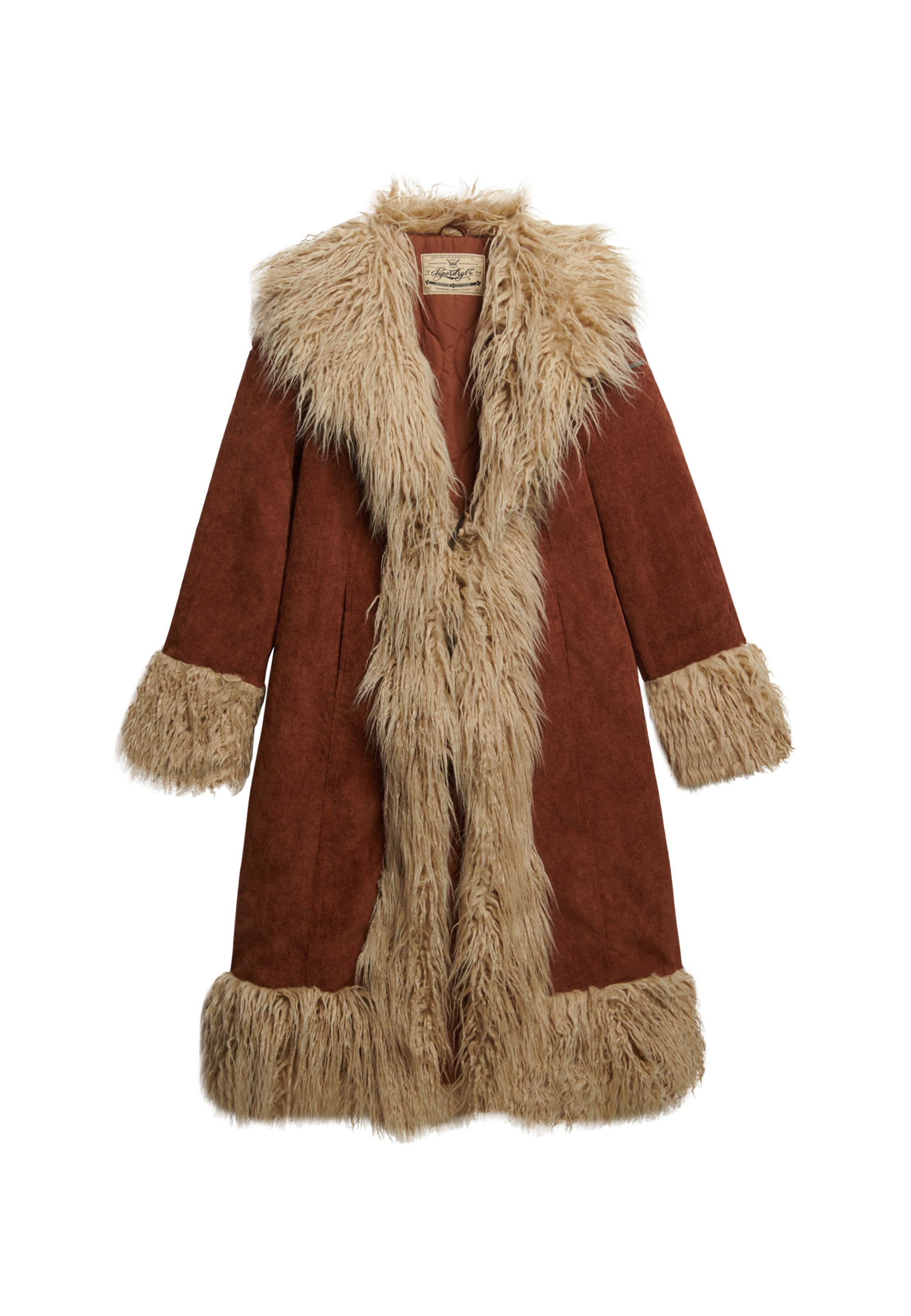 Superdry Fellimitatmantel »LONG AFGHAN COAT« Materialmix, slim fit, mit Kunstfellbesatz