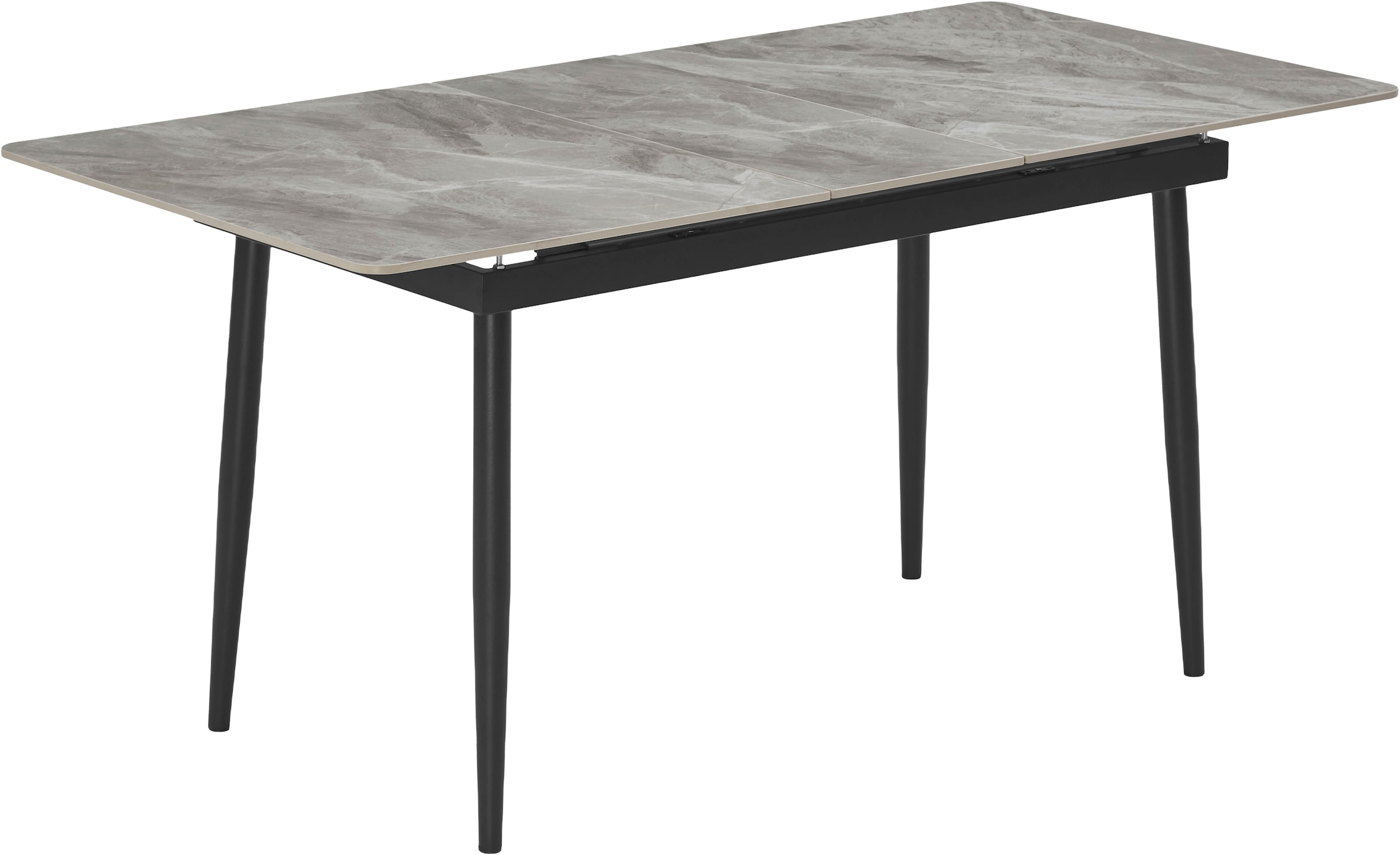 OTTO home Eckbankgruppe »Stevian« Set, 1 ausziehbarer Esstisch + 1 Eckbank Recamiere links + 2 Stühle, 4 Stk. tlg. Holz, Strukturstoffbezug, Freischwingerstühle, gesteppten Bänken