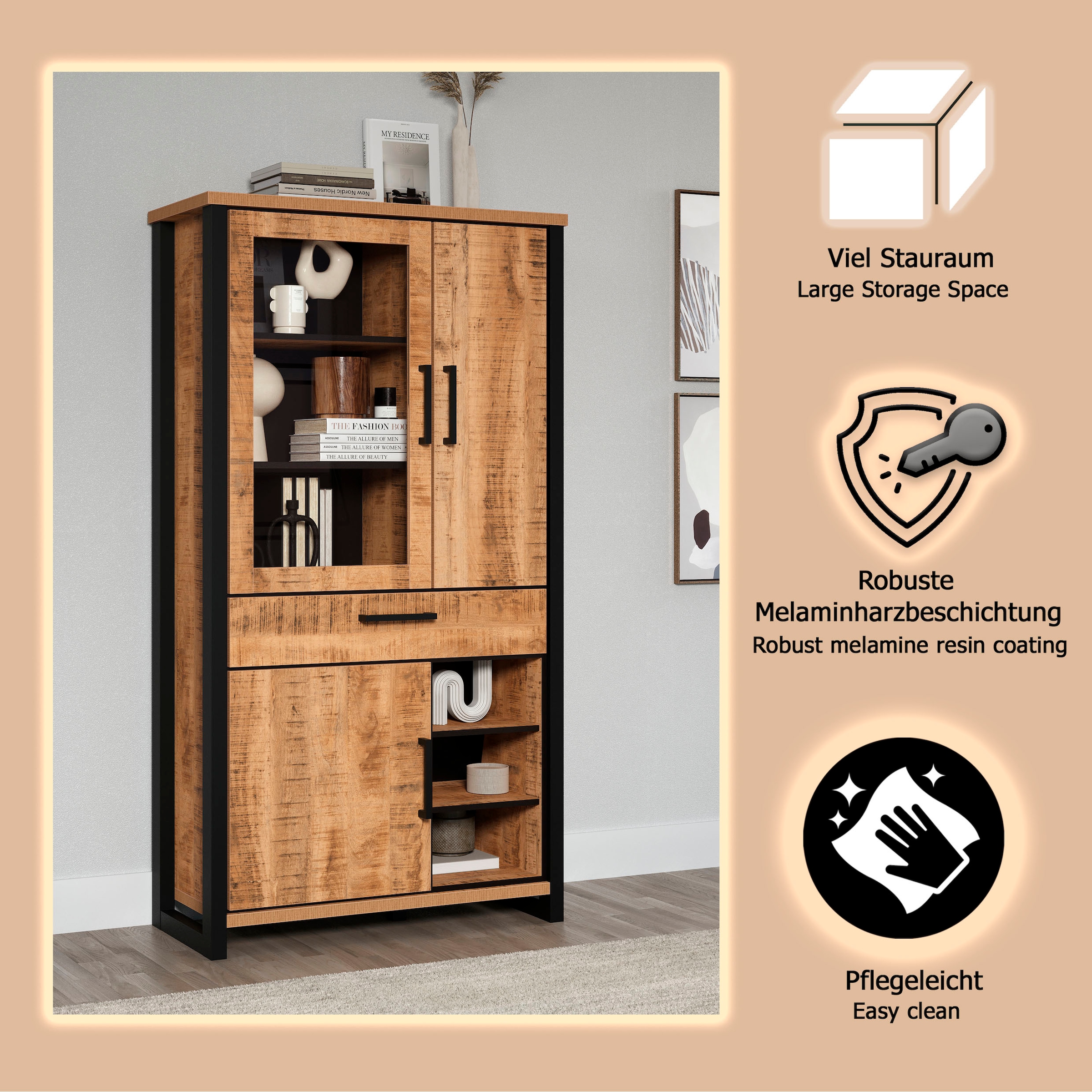 Home affaire Vitrine »Elda« 1 Stk. tlg. Vitrine mit 3 Türen & 1 Vollauszug Schublade - (B/T/H) 106/45/195 cm