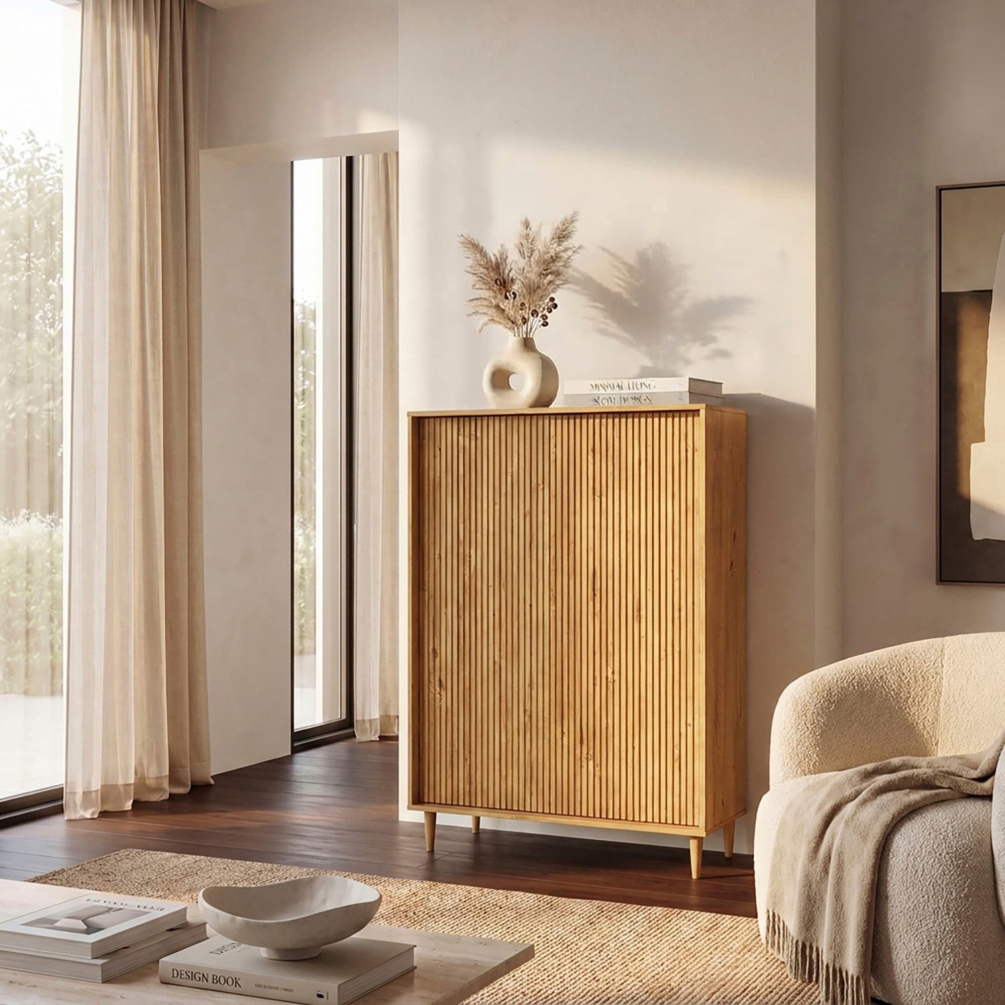 OTTO home Highboard »Malmedy Midischrank mit einer Lamellenoptik und Push to Open Funktion« massives Kiefernholz, Push-to-open Funktion, verstellbare Einlegeböden