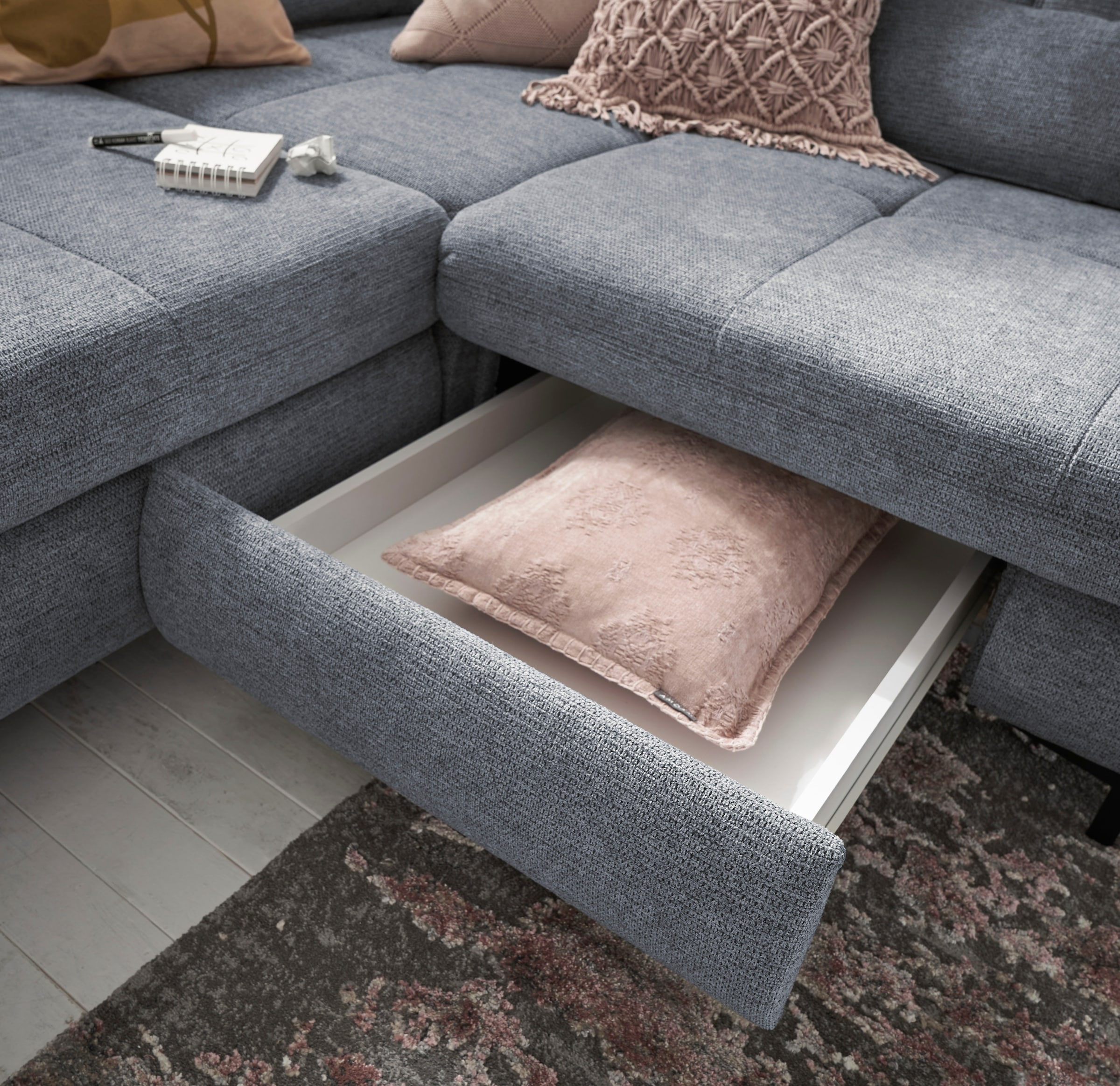 set one by Musterring Ecksofa »SO 3400 Sitzhöhe 47cm oder 49cm, Sitztiefe verstellbar, B/T 317/220 cm«, Kaltschaumpolsterung, Flachgewebe, whlw. mit weiteren Funktionen