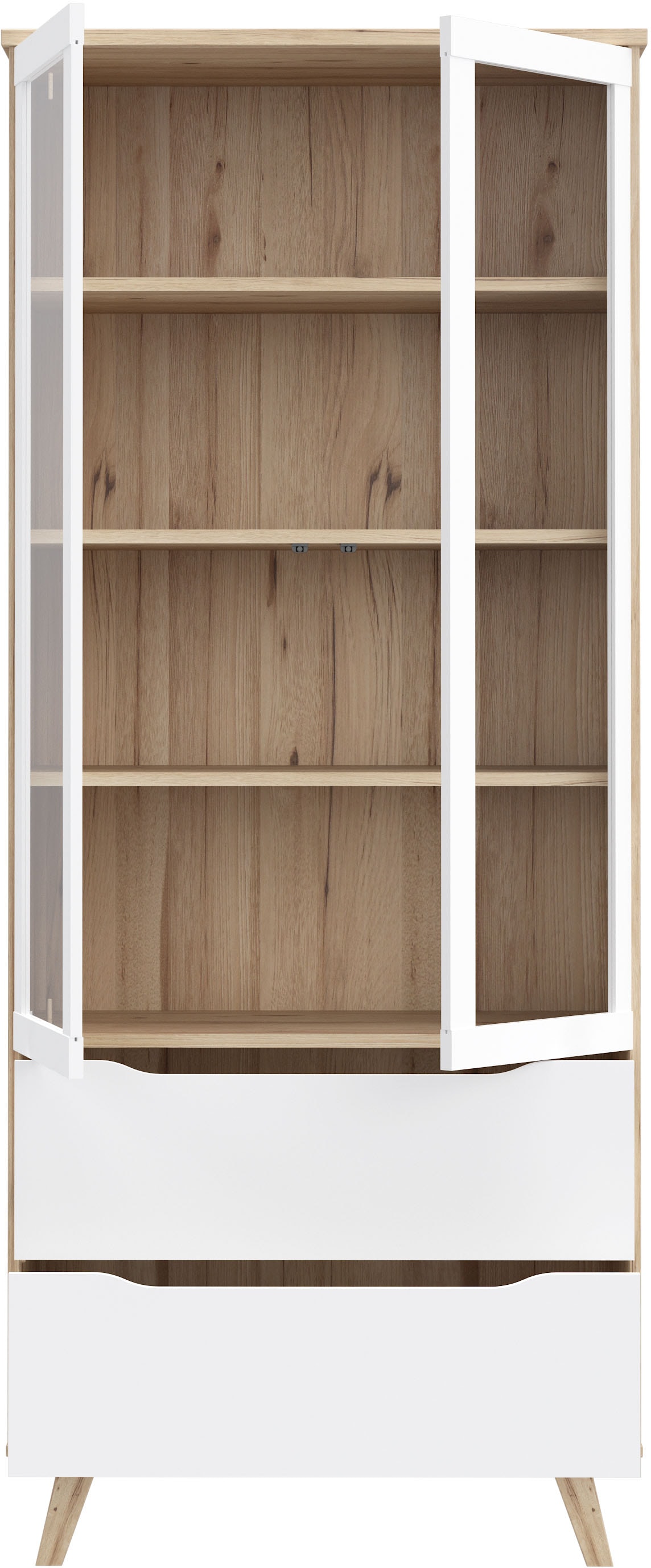 FORTE Vitrine »Vankka Stauraumvitrine«, (B/H/T 84,7/201,5/41,7 cm), 2 Glastüre, Grifflos, zeitloses Design, 2 Schubkästen