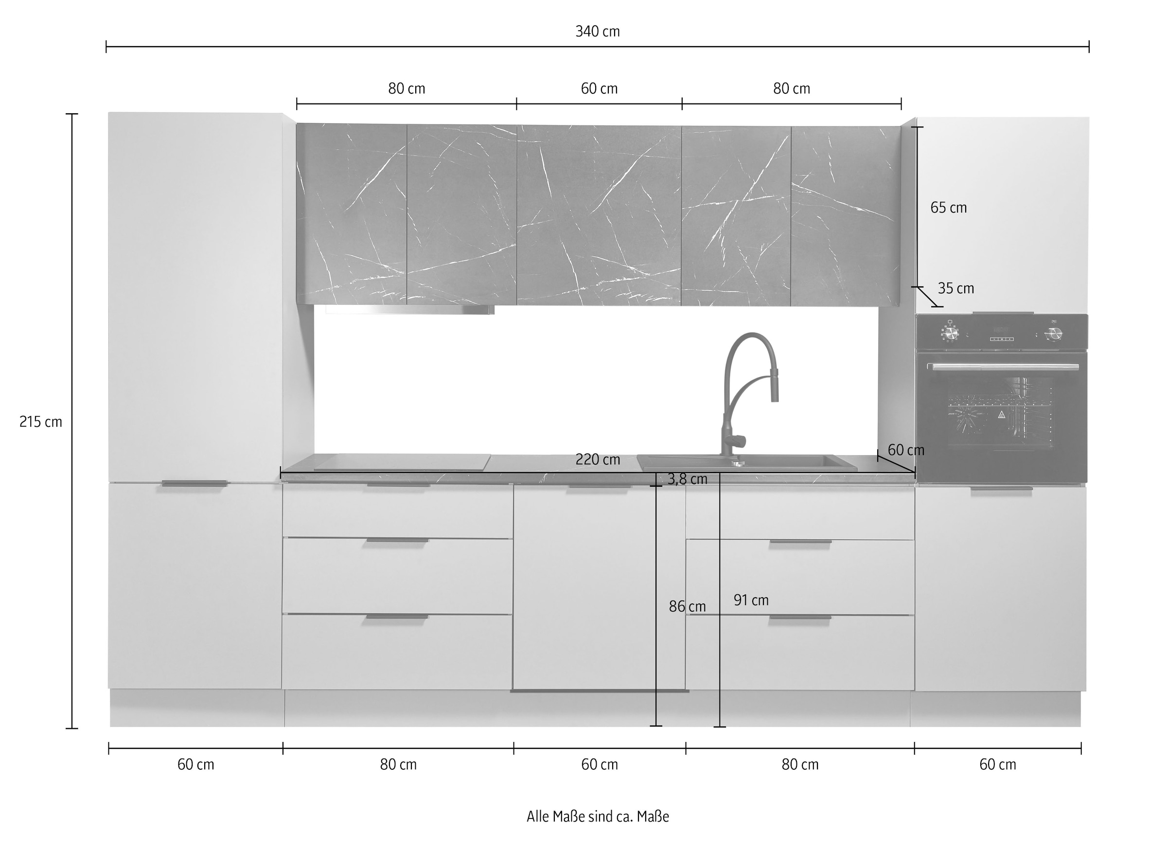 BASIC by Balculina Küchenzeile »Esperanza B/H/T 340x215x60 cm« Breite 340 cm, wahlweise mit E-Geräten und Induktion