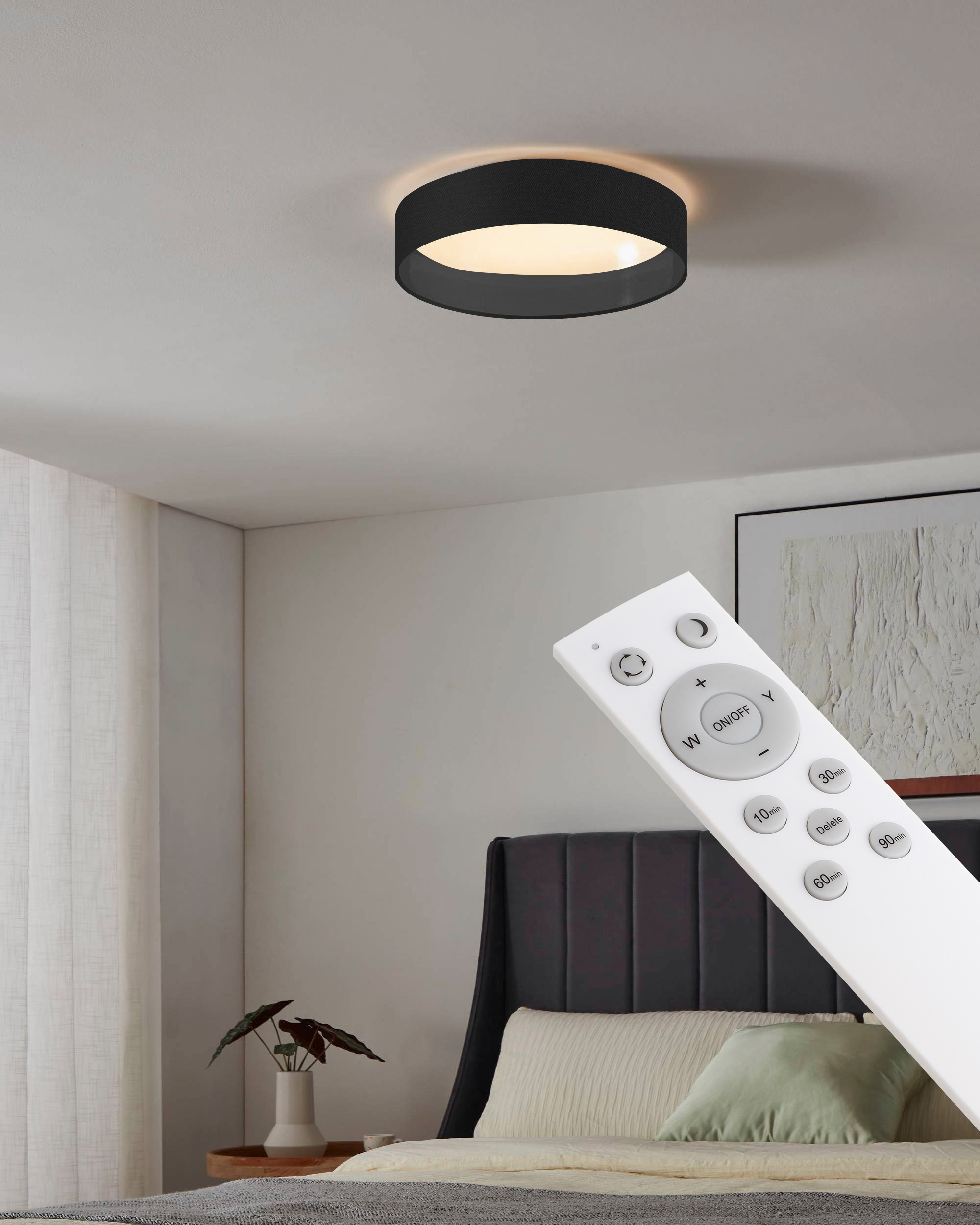 Leonique LED Deckenleuchte »Juria«, 1 flammig, Leuchtmittel LED-Modul | LED fest integriert, Deckenlampe Ø38 x H9 cm mit Textil-/Stoffschirm, CCT, Fernbedienung