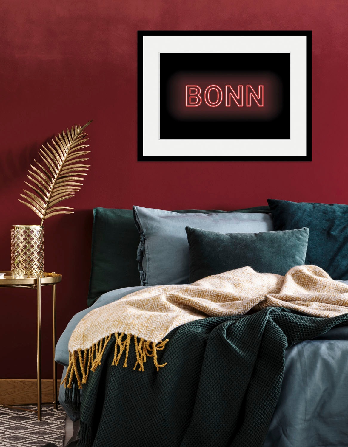 queence Bild »BONN LIGHTS«, Städte-Schriftzug, (1 St.), HD Premium Poster-Druck inkl. Holzrahmen