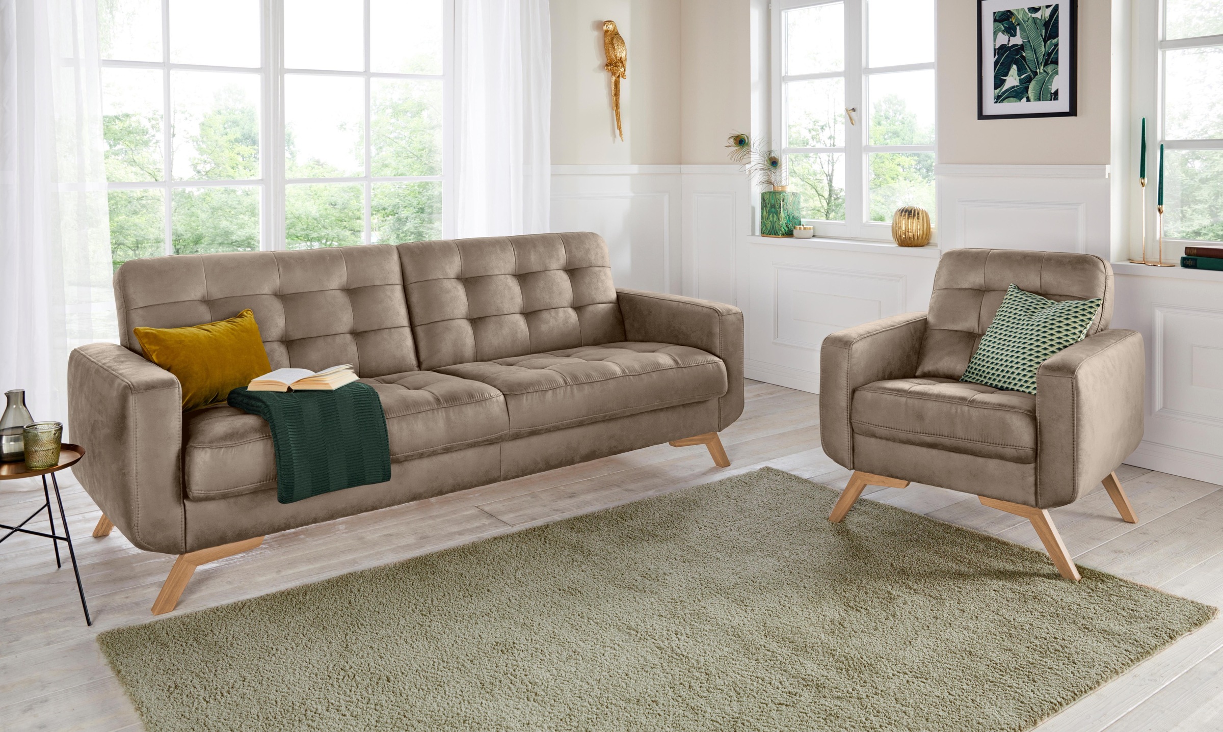 exxpo - sofa fashion 3-Sitzer »Fiord, aktuelles Design, tolle Detailverarbeitung im Sitz und Rücken«, bequem, wahlweise Kippcouch mit Bettfunktion und Bettkasten, Holzfuß
