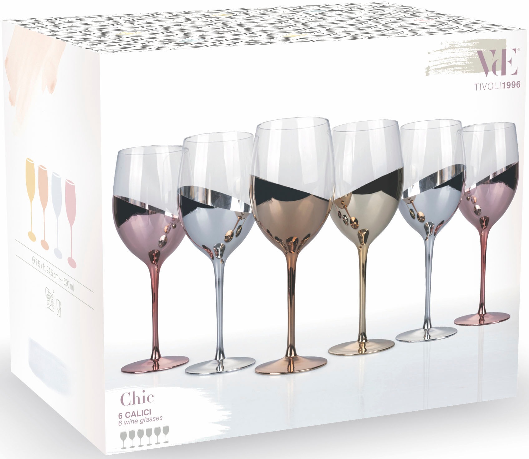 Villa d'Este Weinglas »Chic silber«, (Set, 6 tlg.), Gläser-Set, 6-teilig, Inhalt 520 ml