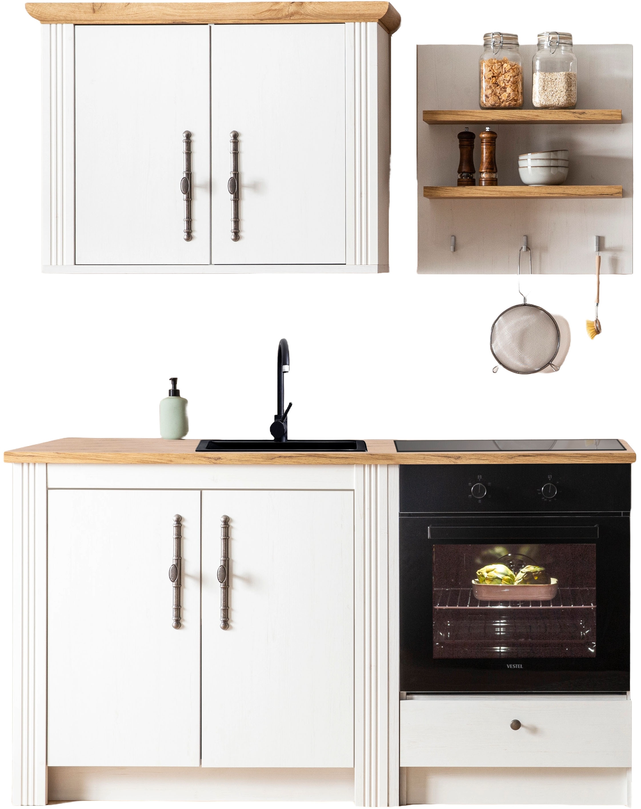 OTTO home Küchenzeile "KS-Westminster, Pantryküche im Landhaus Stil, hochwertige Metallgriffe" Set, Breite 164 cm, Kommode, Wandpaneel, Hängeschrank und Herdumbau