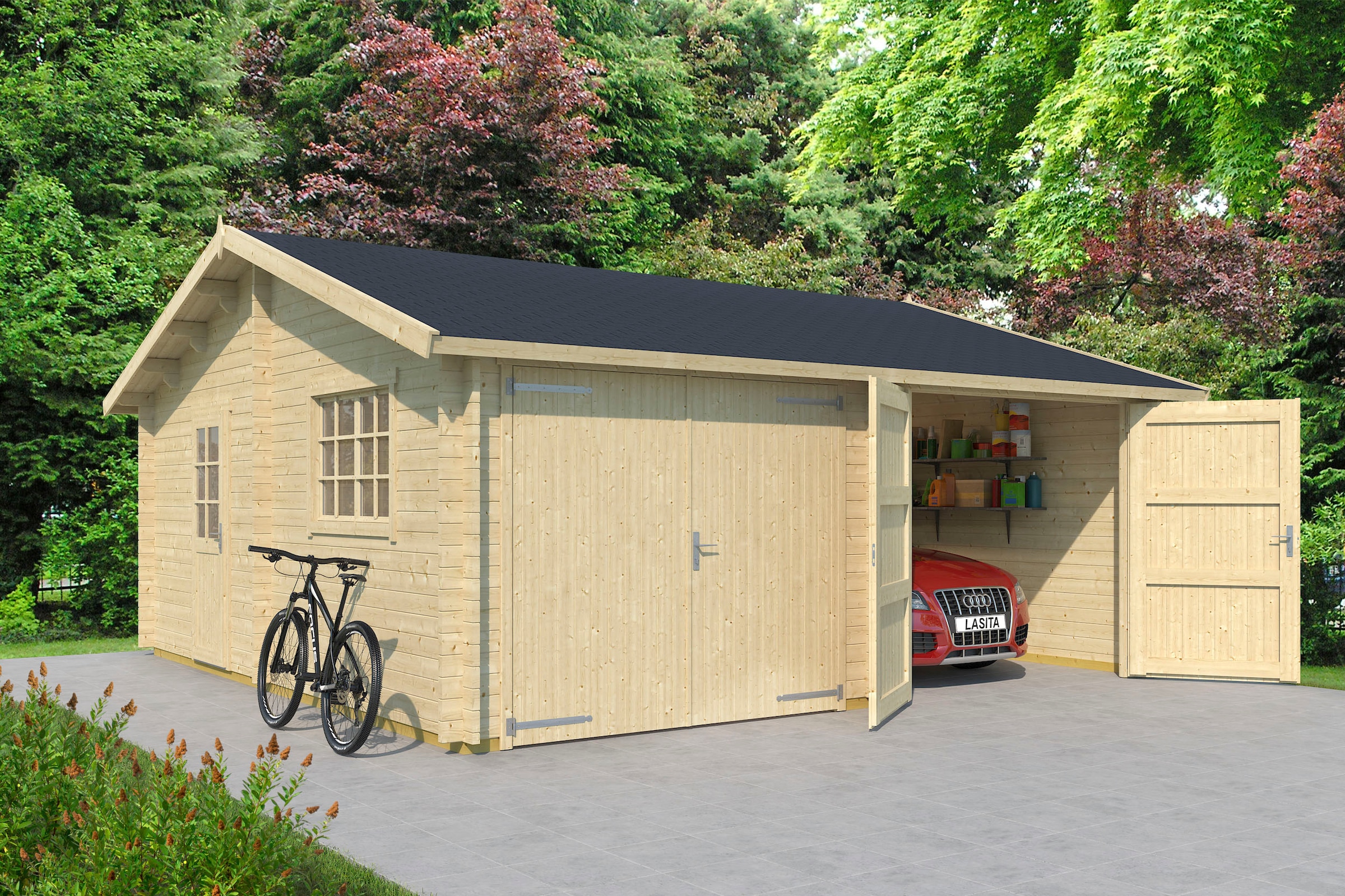 LASITA MAJA Garage »Falkland«, (Set, Für 2 Fahrzeuge geeignet), Garage + 2 Holztoren
