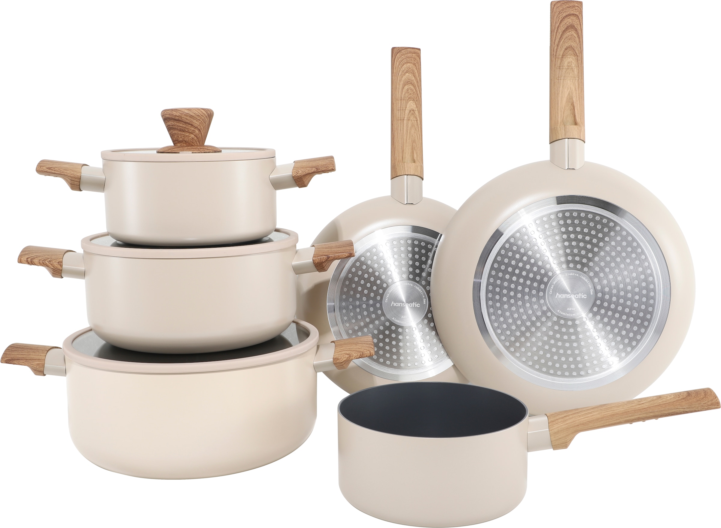 Hanseatic "ALU SCANDI, mit Antihaftbeschichtung" Set, Stielkasserolle 16 cm, Kochtopf 16/20/24 cm, Bratpfanne 24/28 cm, 9 tlg. Aluminium